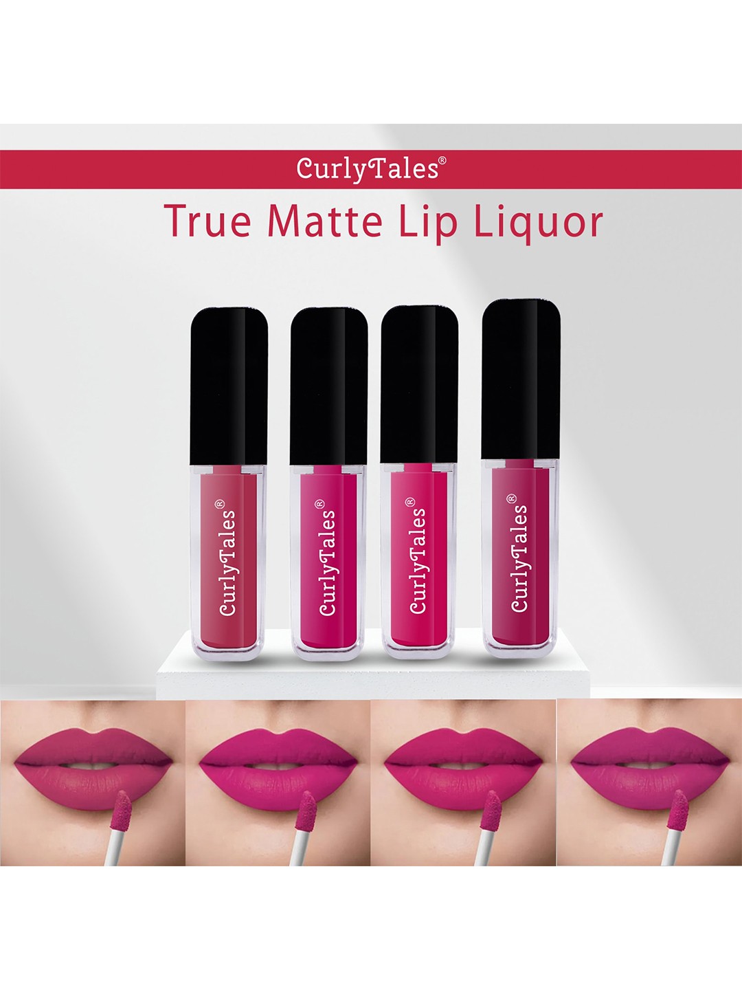 

CurlyTales Set Of 4 Lightweight & Waterproof True Matte Liquid Lipstick - 02+04+05+12, Pink