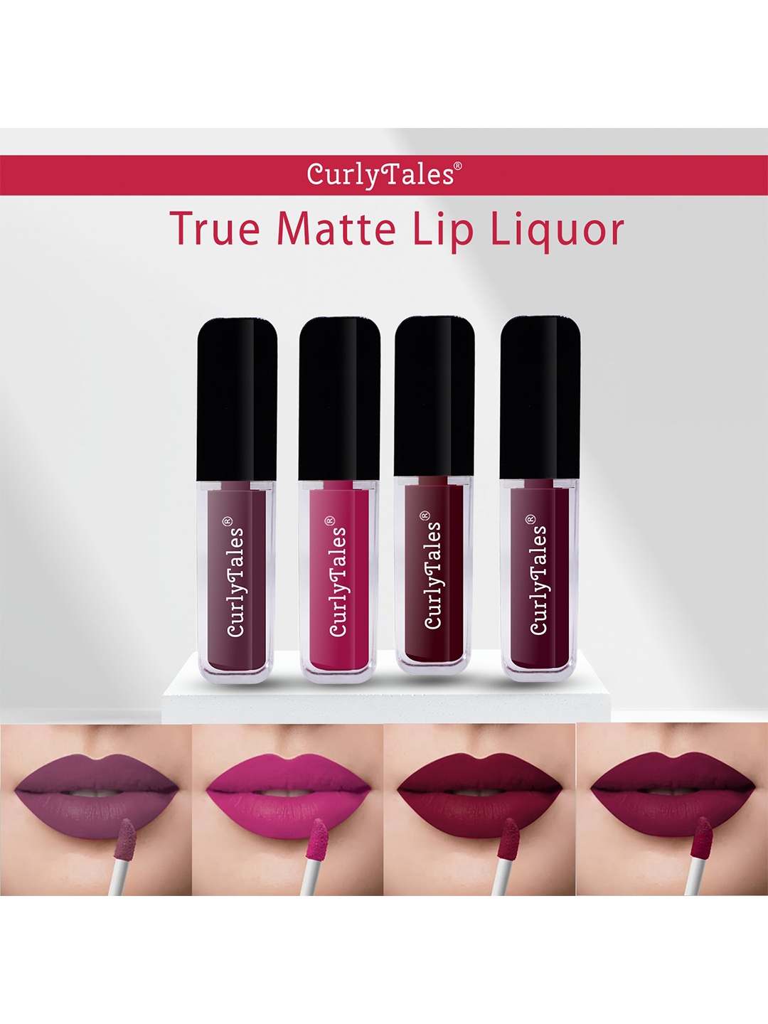 

CurlyTales Set Of 4 Lightweight & Waterproof True Matte Liquid Lipstick - 01+12+13+15, Purple