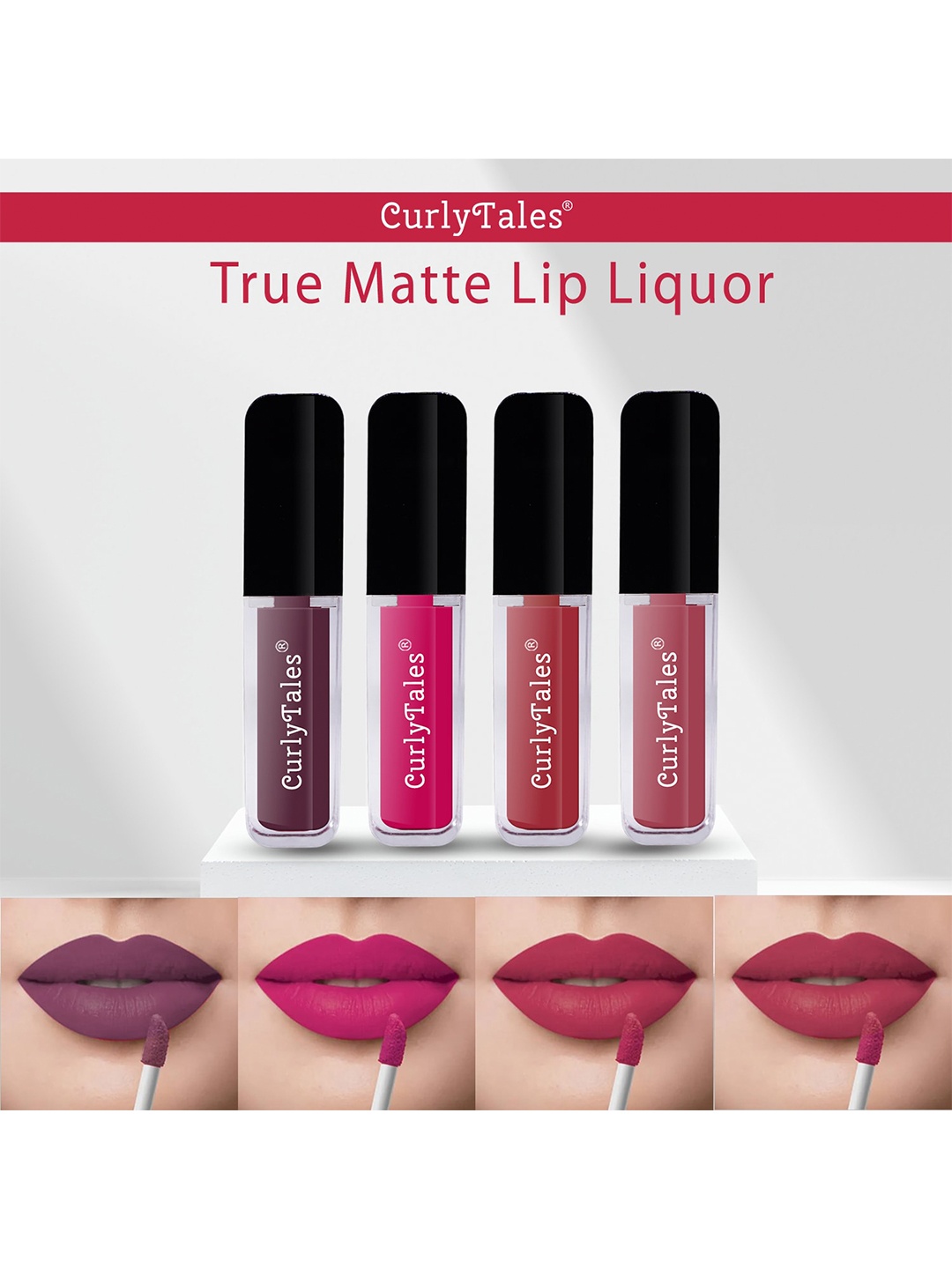 

CurlyTales Set Of 4 Matte Super Smooth Lightweight Vegan Liquid Lipsticks 12ml each, Pink