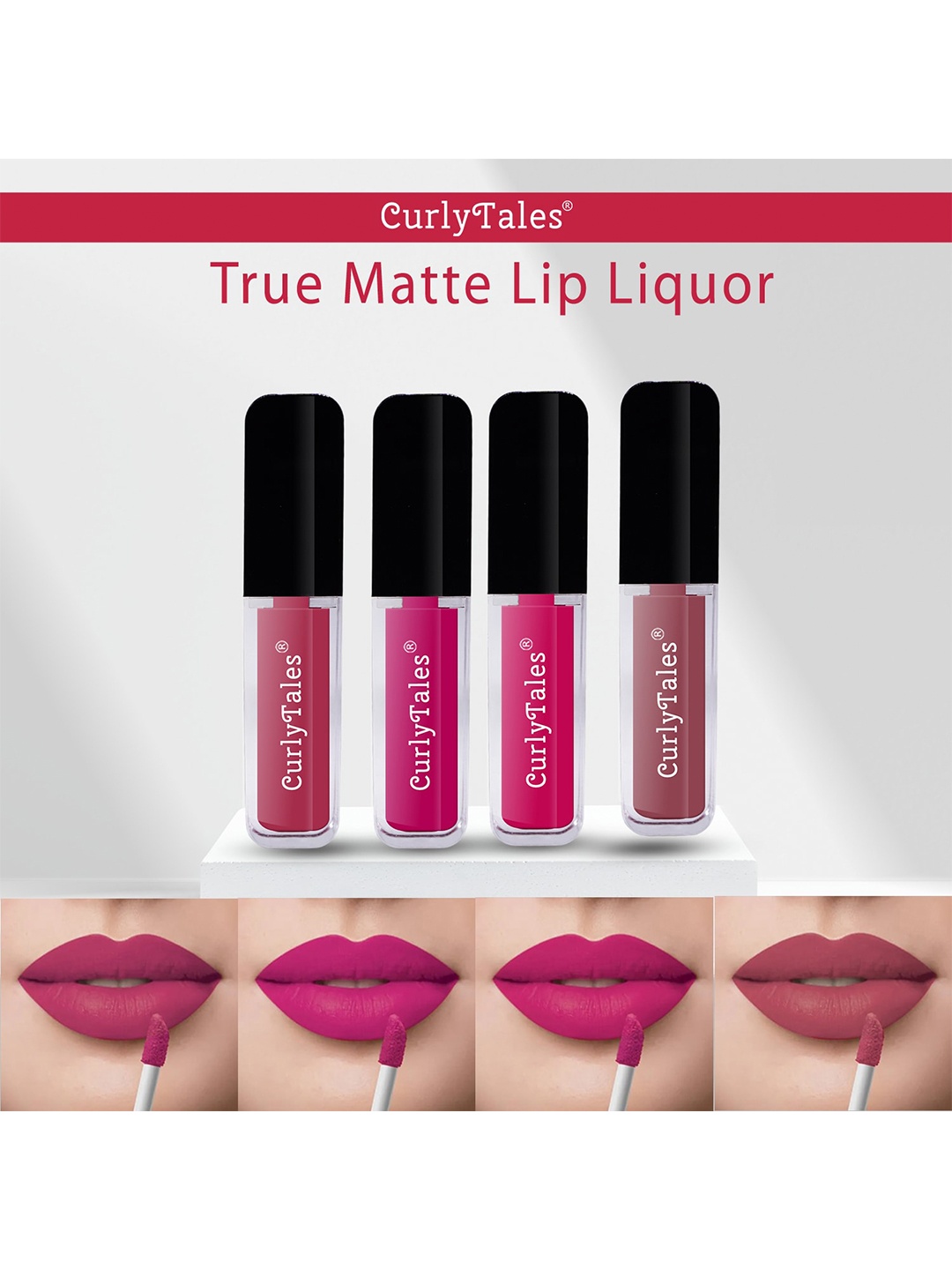 

CurlyTales Set Of 4 Light On Lips Silky Matte Long Lasting Liquid Lipsticks 12ml each, Pink