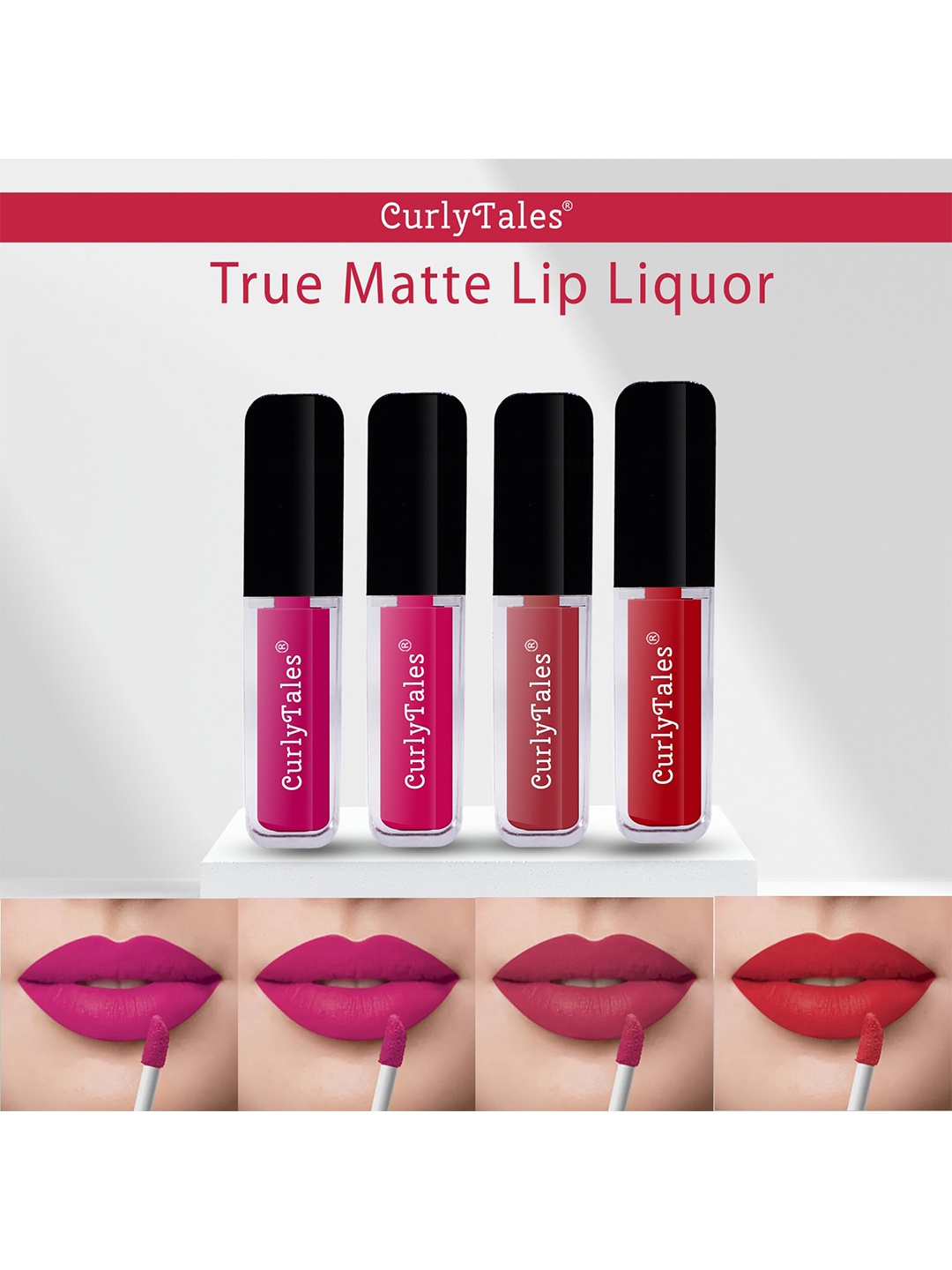 

CurlyTales Set Of 4 Matte Long Lasting Vegan Paraben Free Liquid Lipsticks 12ml each, Pink