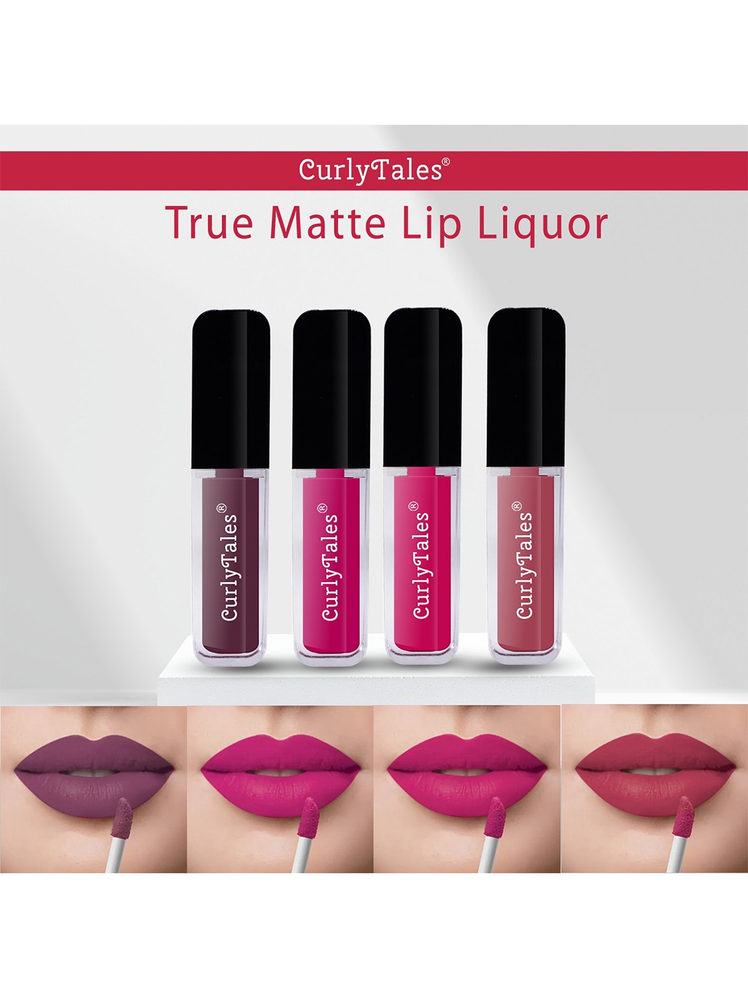 

CurlyTales Set Of 4 Matte Waterproof Weightless Liquid Lipsticks 12ml each, Purple