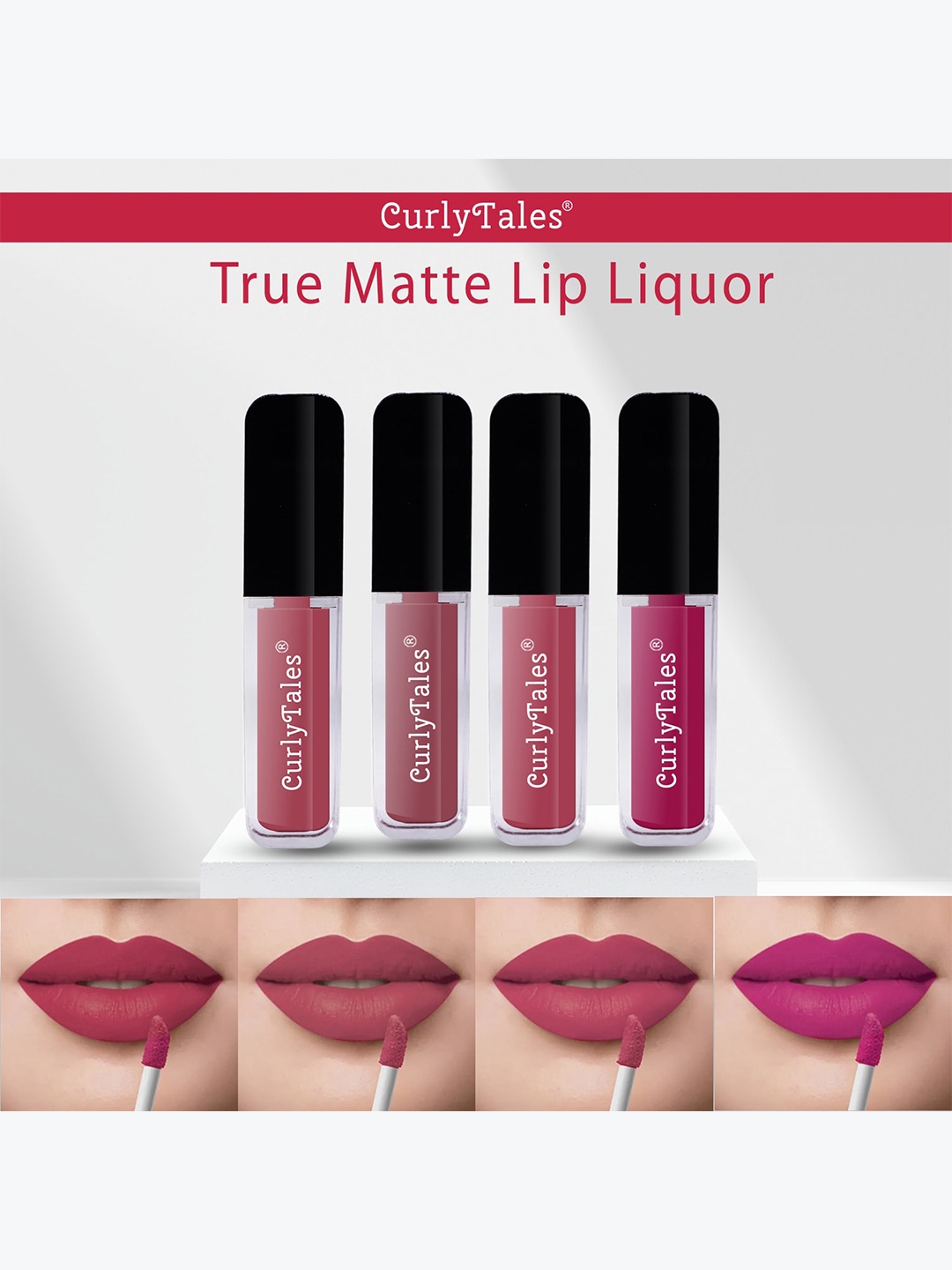 

CurlyTales Set Of 4 Matte Super Smooth Lightweight Vegan Liquid Lipsticks 12ml each, Pink