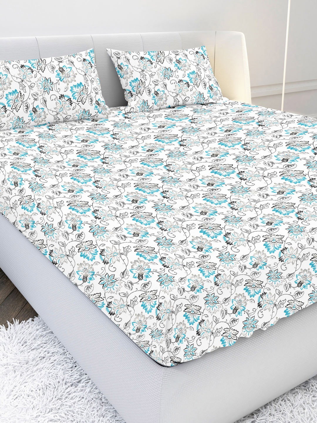 

MAYFAIR HOMES LONDON Cotton Floral 180 TC King Bedsheet with 2 Pillow Covers, White