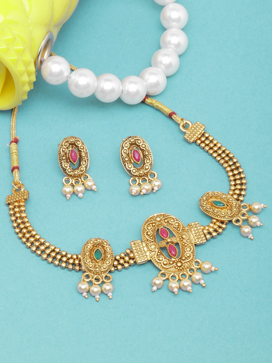 

DIVA WALK Gold-Plated Stone Studded & Beaded Jewellery Set