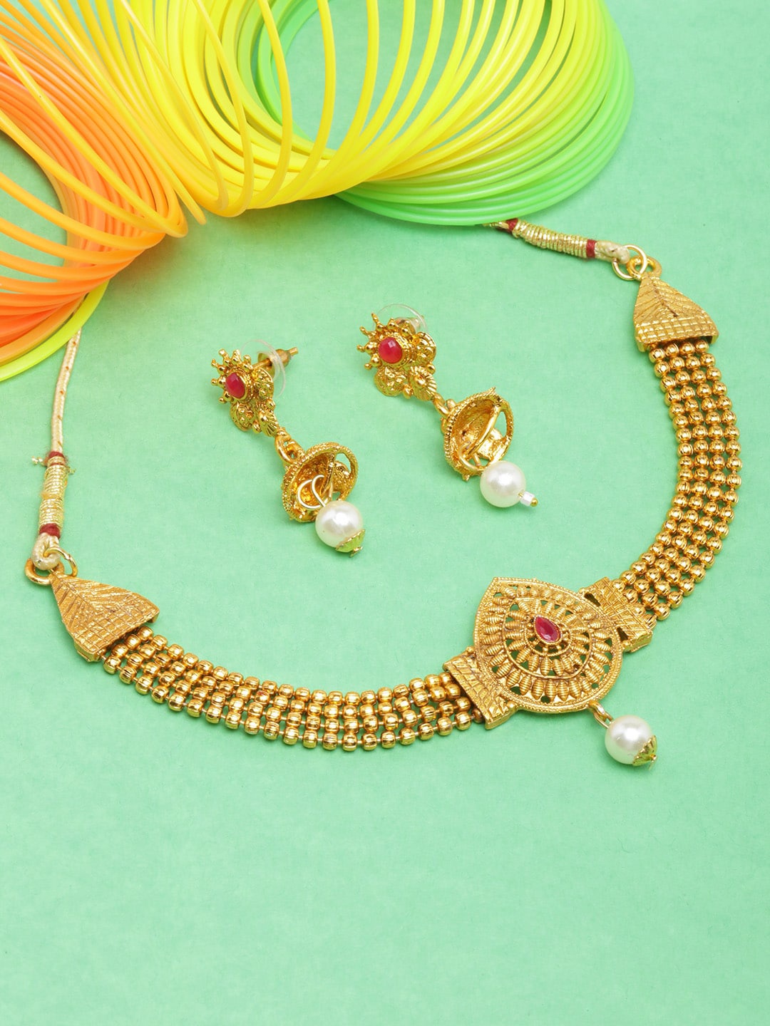 

DIVA WALK Gold-Plated Stone-Studded & Beaded Jewellery Set
