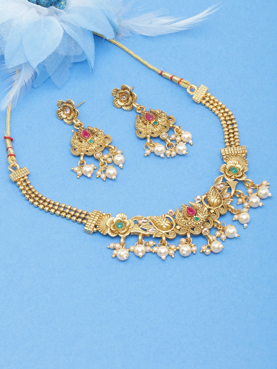 

DIVA WALK Women Gold-Plated Stones Studded Temple Necklace & Earrings Set, White