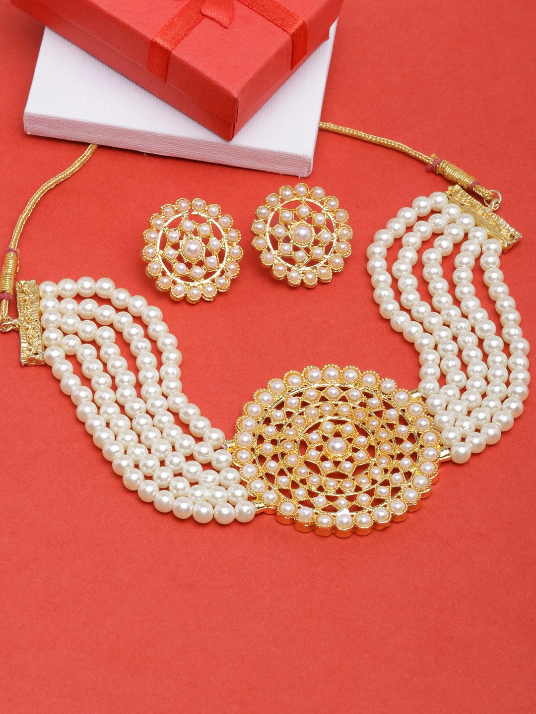 

DIVA WALK Women Gold-Plated Pearls Studded & Beaded Jewellery Set, White