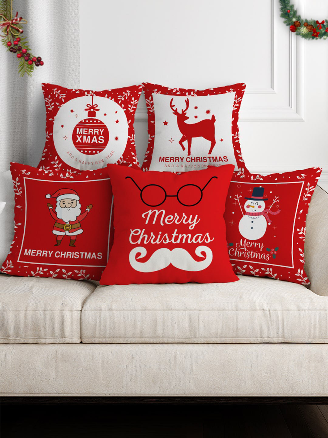 

Crazy Corner Red & White Set of 5 Abstract Satin Square Cushion Covers