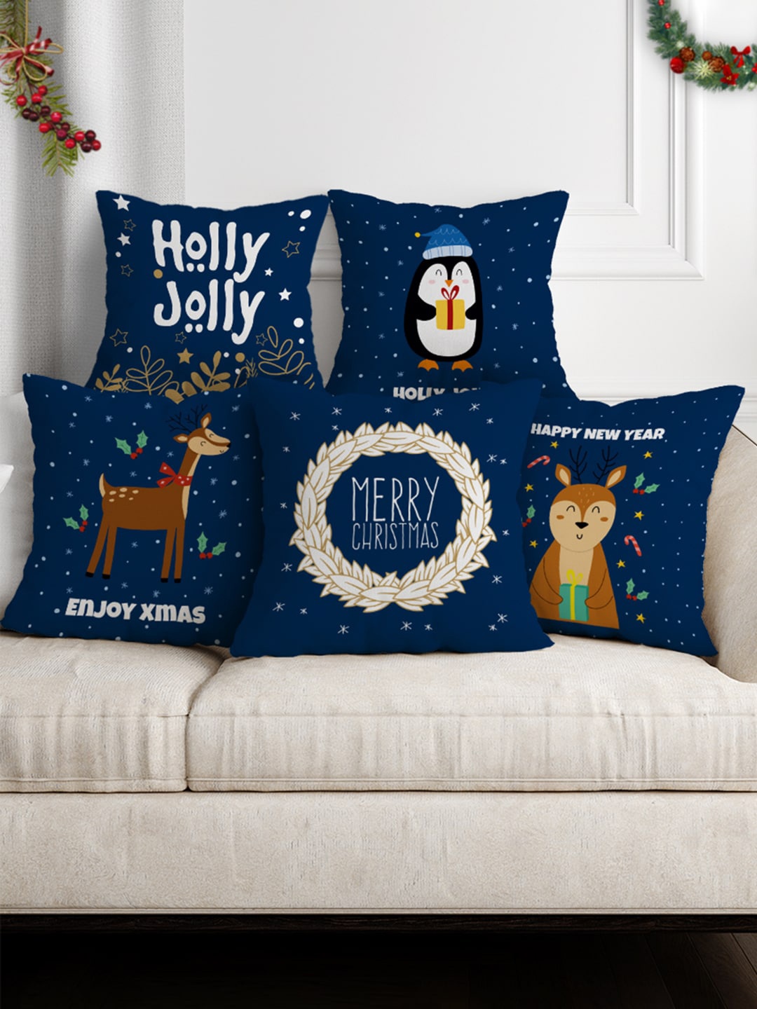 

Crazy Corner Blue & White Set of 5 Abstract Satin Square Cushion Covers