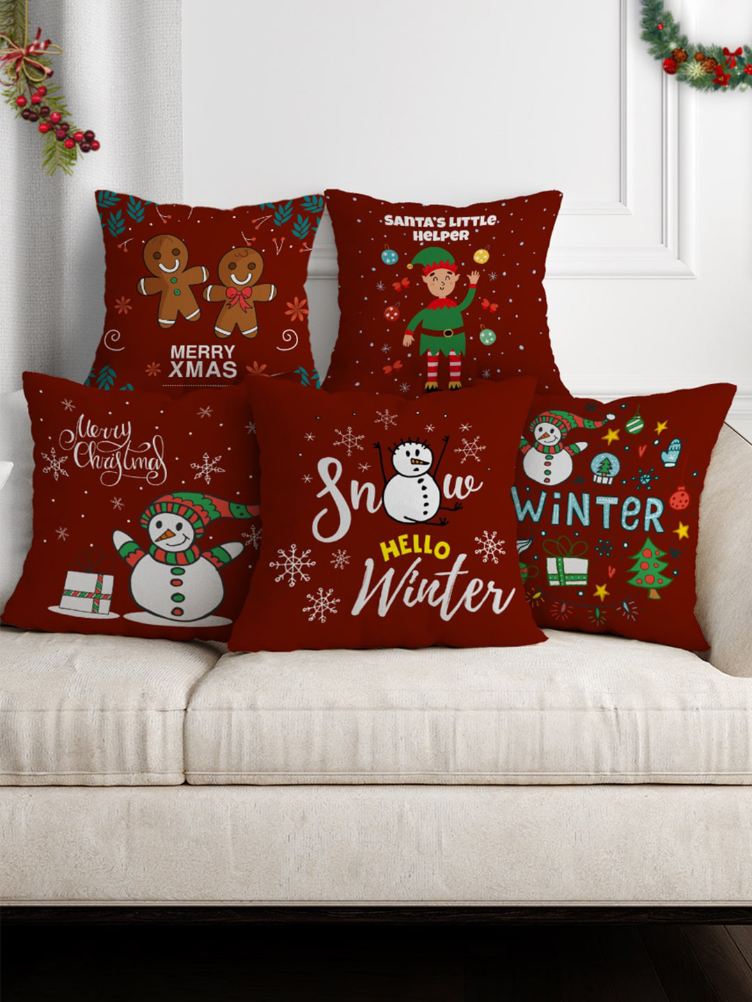 

Crazy Corner Red & White Set of 5 Satin Square Cushion Covers