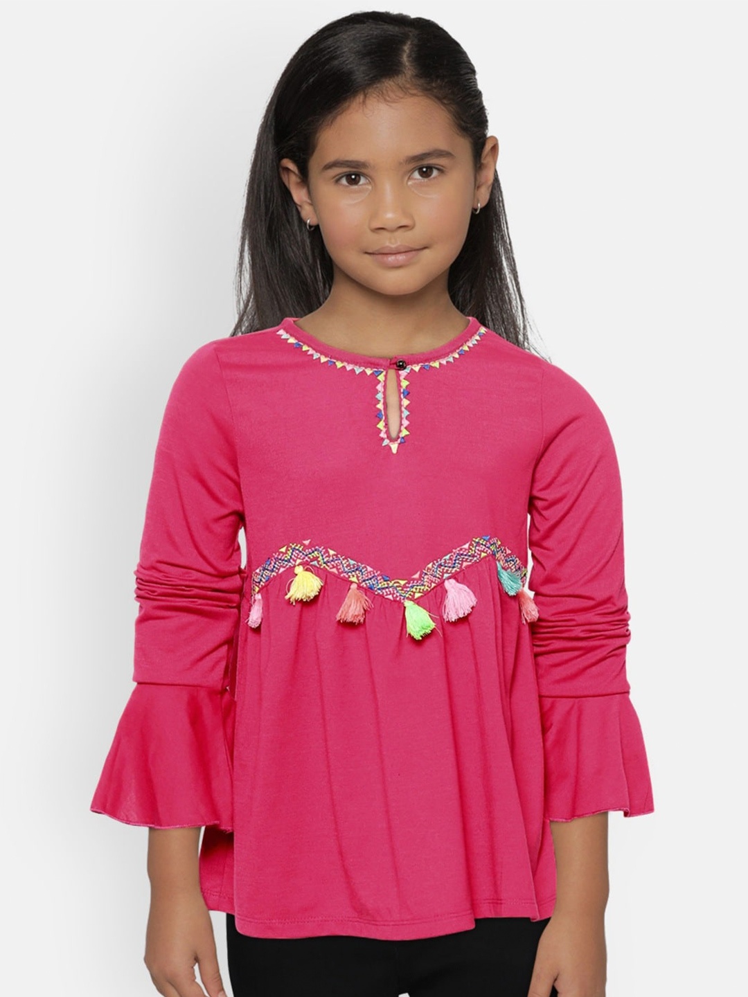 

Nauti Nati Keyhole Neck Fringed Pure Cotton Top, Fuchsia
