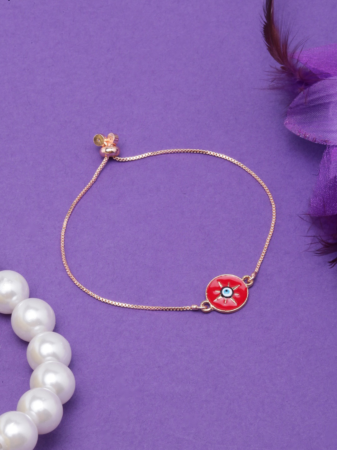 

DIVA WALK Women Rose Gold-Plated Evil Eye Enamelled Charm Bracelet, Red