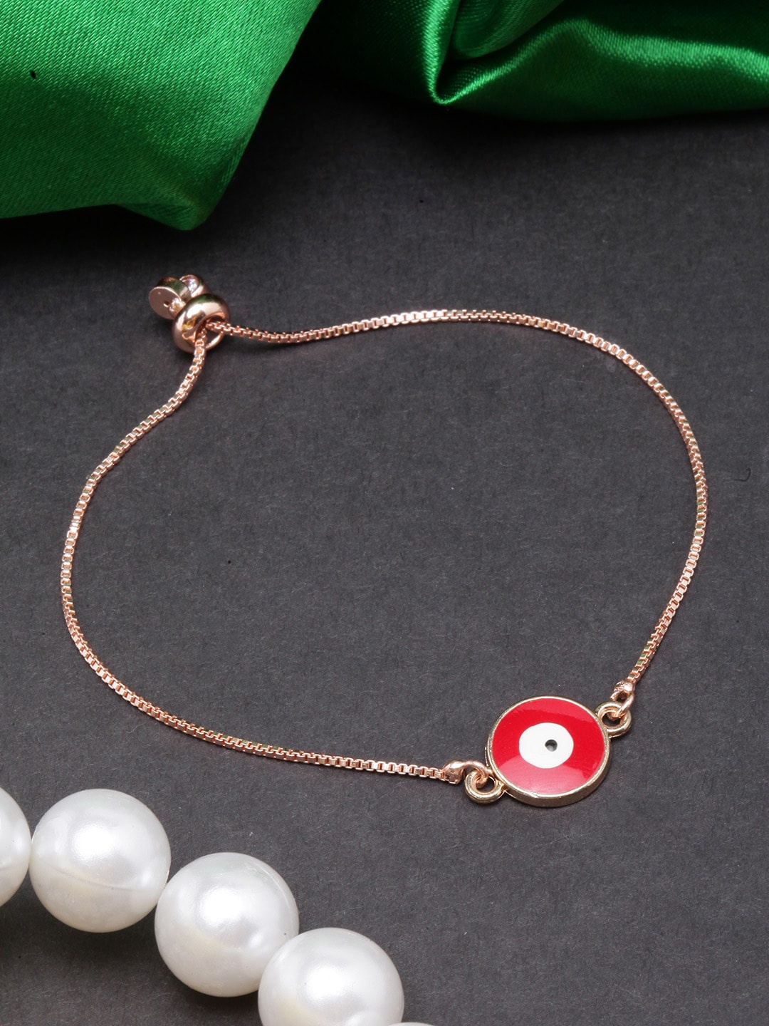 

DIVA WALK Women Rose Gold-Plated Evil Eye Enamelled Charm Bracelet, Red