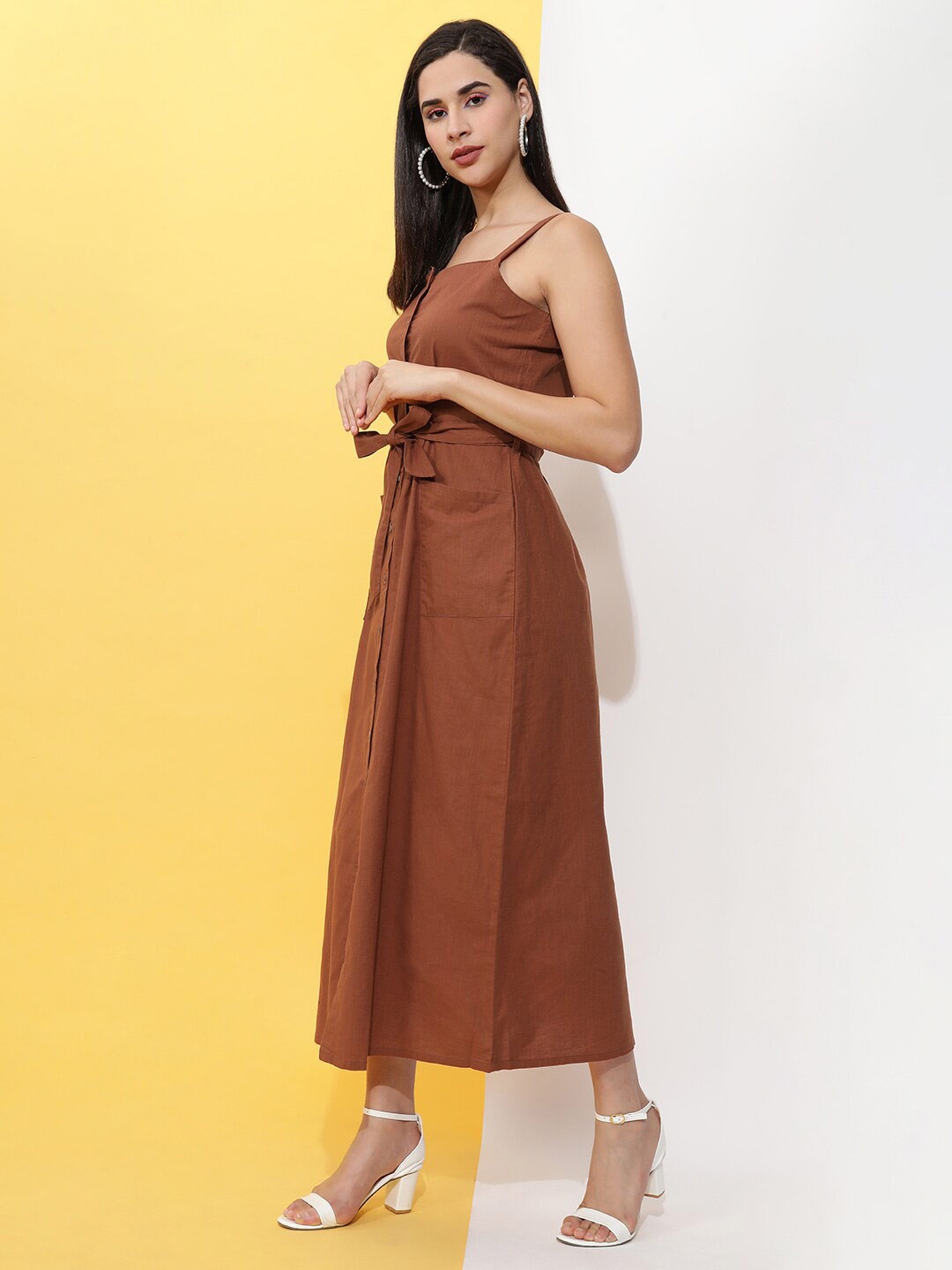 

Freehand by The Indian Garage Co Shoulder Straps A-Line Cotton Maxi Dress, Brown