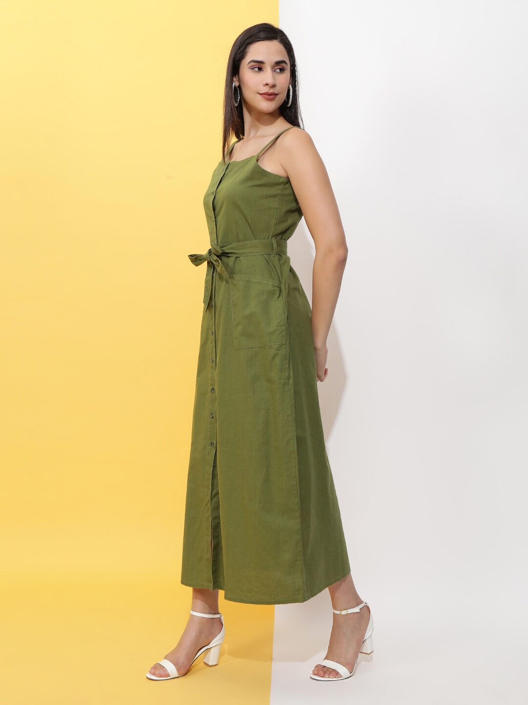 

Freehand by The Indian Garage Co Shoulder Straps A-Line Cotton Maxi Dress, Green