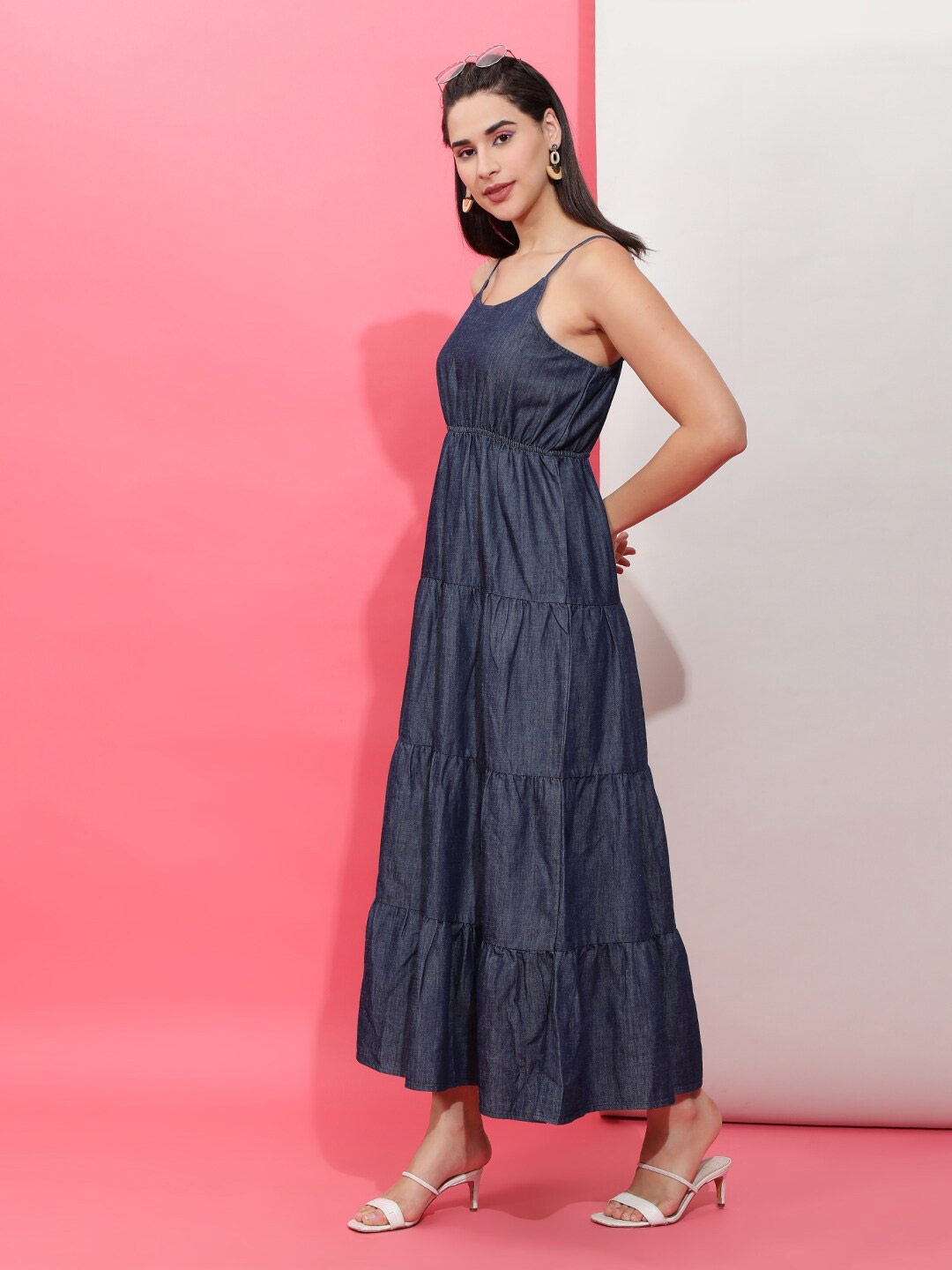 

Freehand by The Indian Garage Co Fit Flare Layered Cotton Maxi Dress, Blue