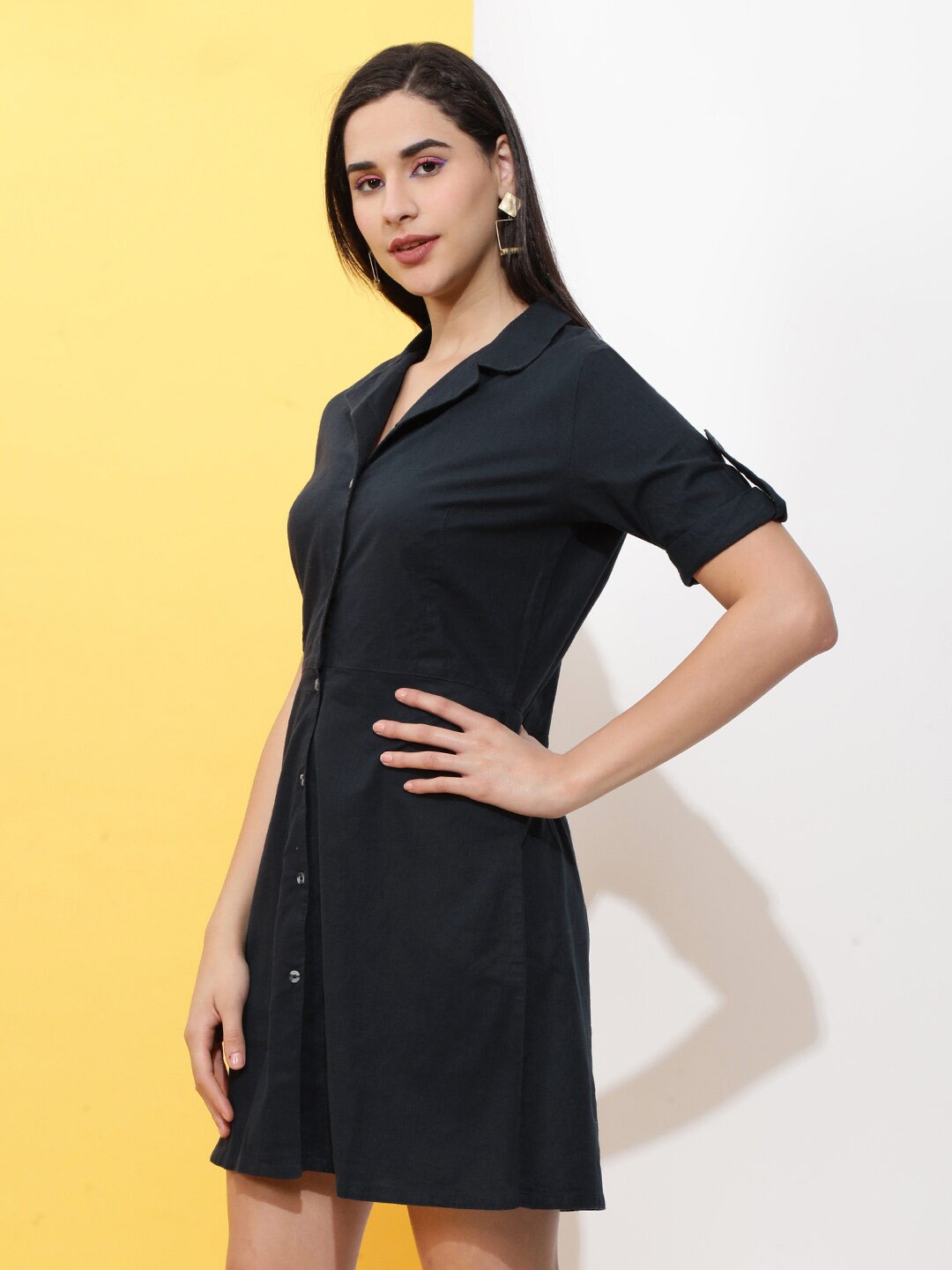 

Freehand by The Indian Garage Co Shirt Collar A-Line Cotton Dress, Black
