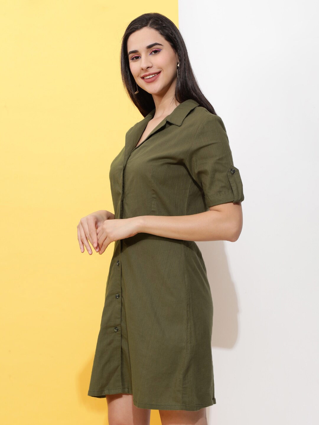 

Freehand by The Indian Garage Co Shirt Collar A-Line Cotton Dress, Green