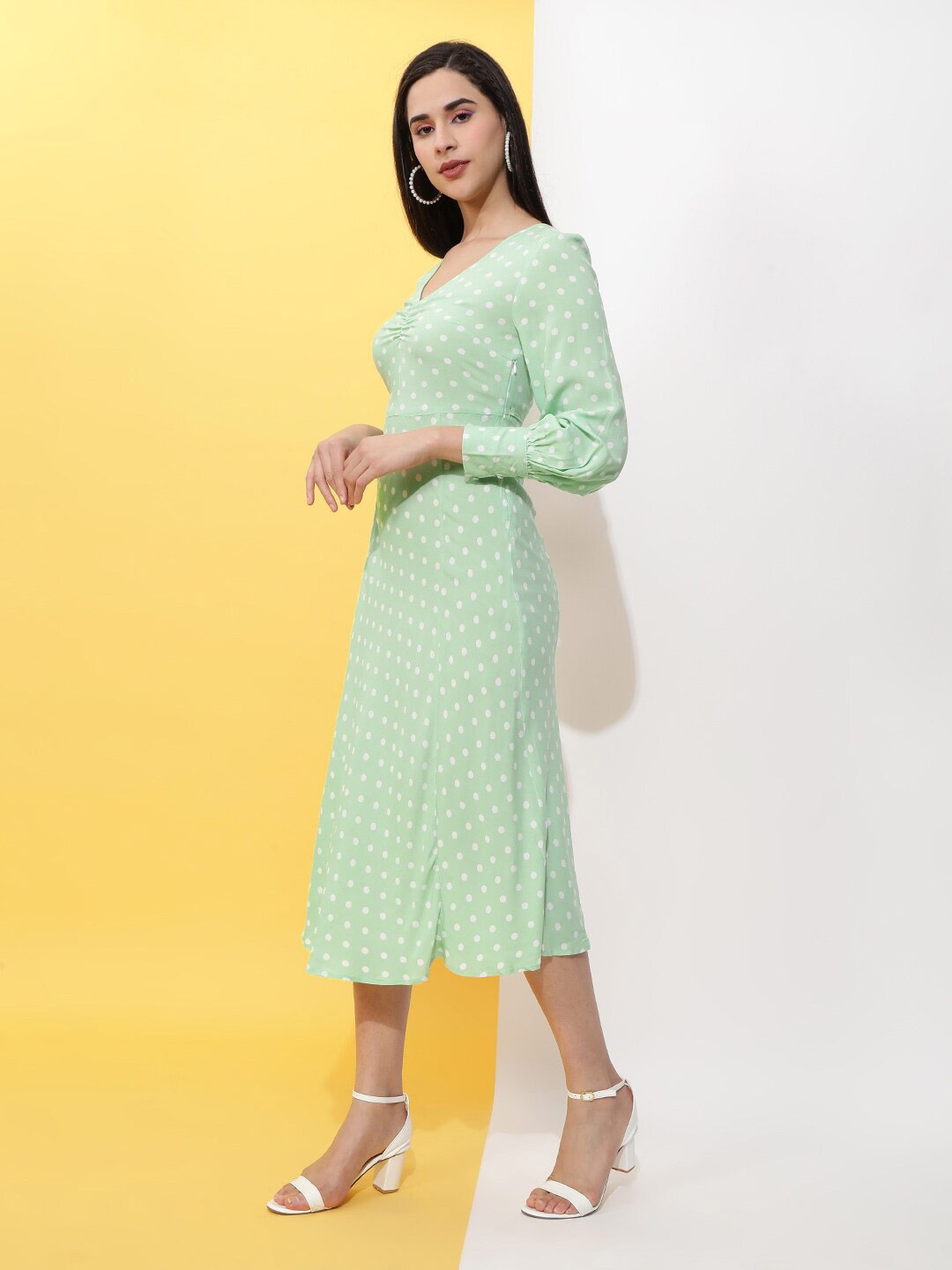

Freehand by The Indian Garage Co Polka Dot Printed A-line Midi Dress, Green