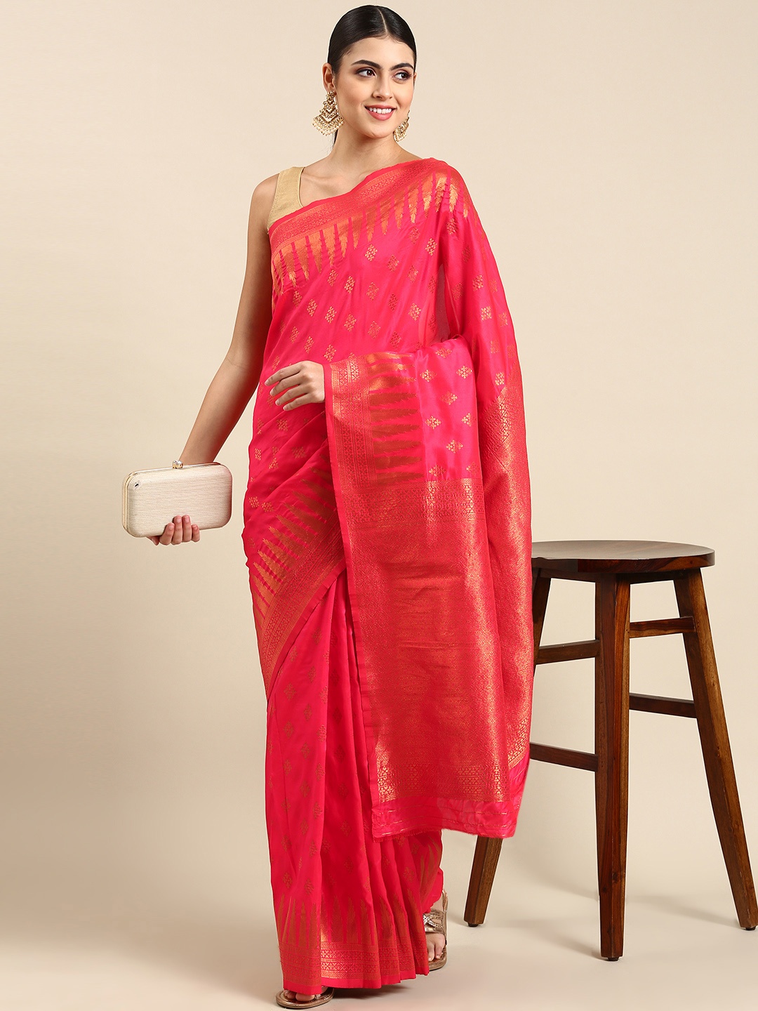 

Mitera Ethnic Motifs Silk Blend Banarasi Saree, Pink