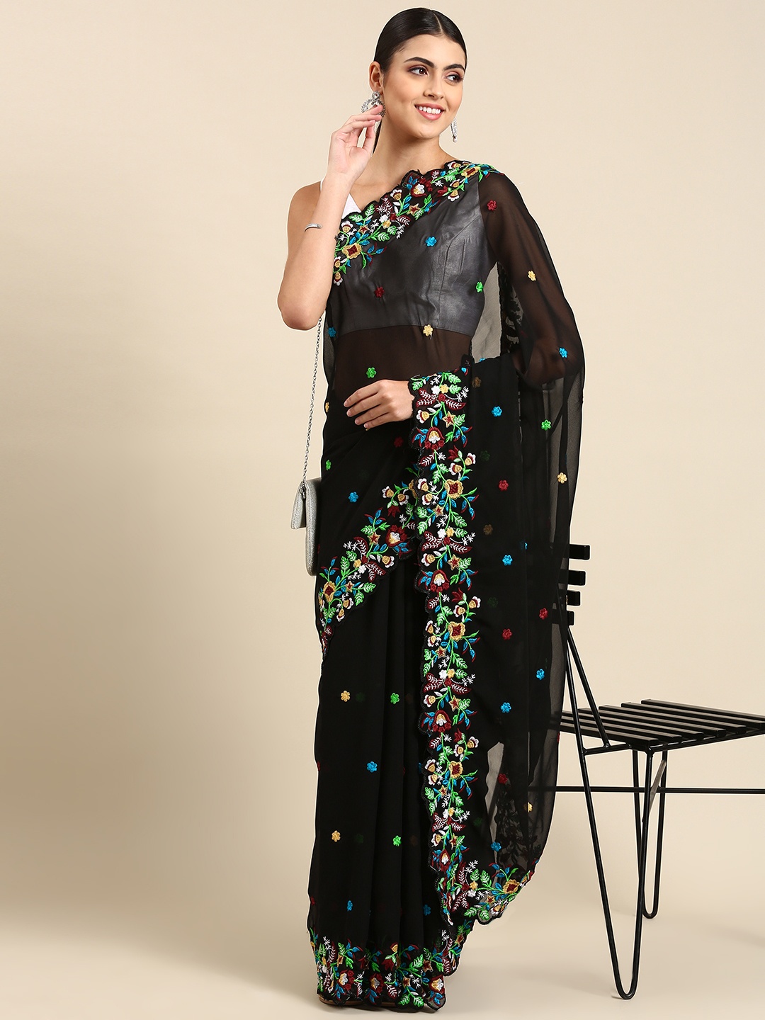

Mitera Floral Sequinned Embroidered Saree, Black