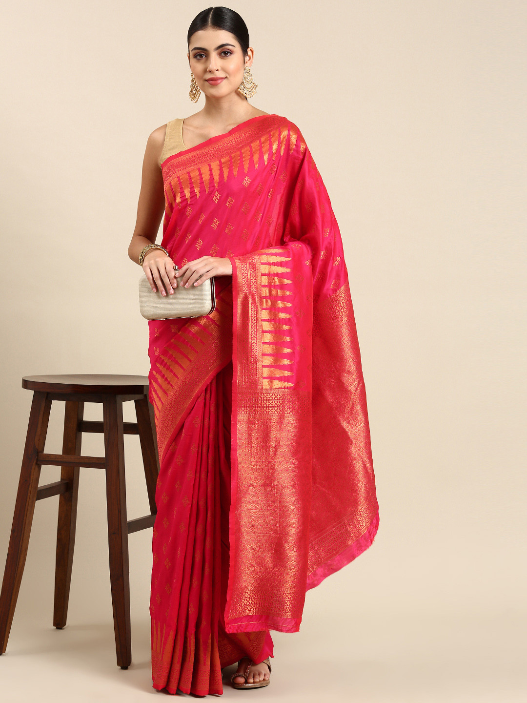 

Mitera Ethnic Motifs Zari Silk Blend Banarasi Saree, Peach