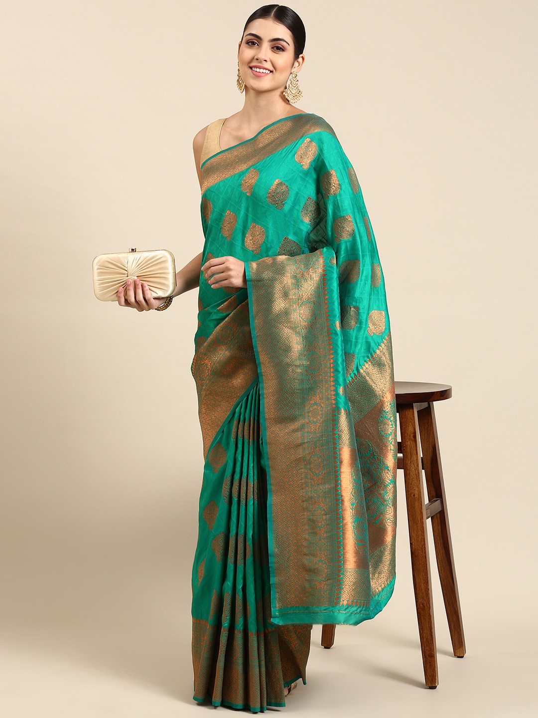 

Mitera Ethnic Motifs Zari Silk Blend Banarasi Saree, Teal