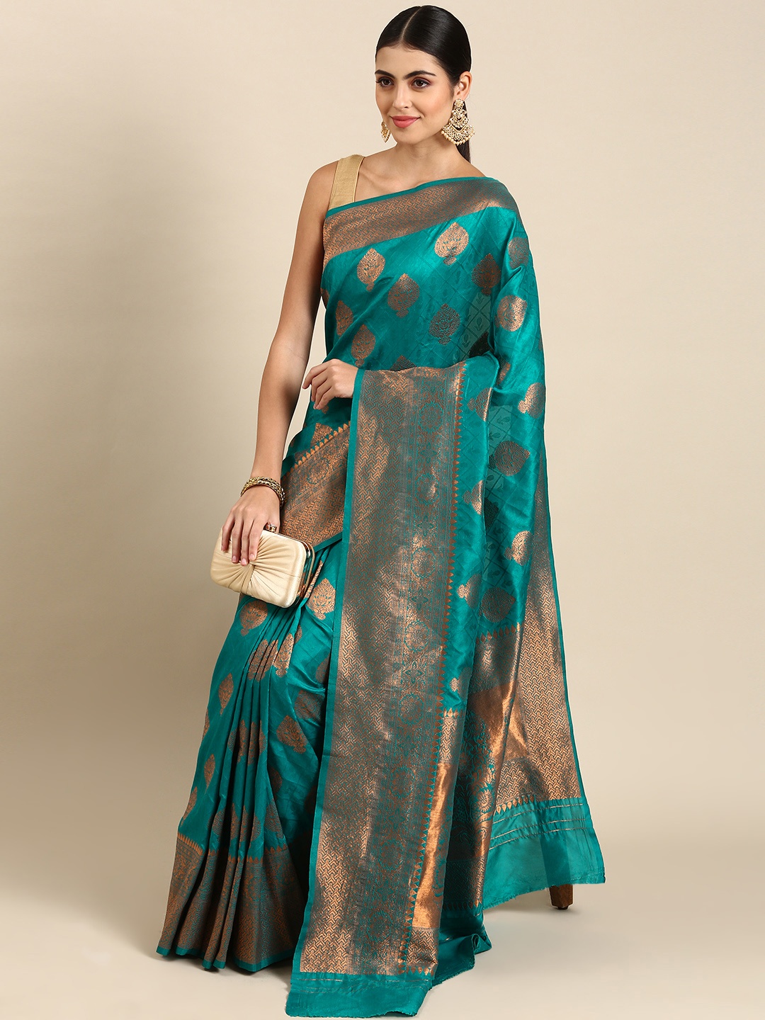 

Mitera Ethnic Motifs Zari Silk Blend Banarasi Saree, Blue