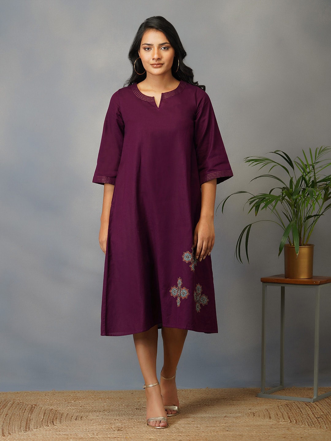 

AKISO Purple Cotton Floral Ethnic A-Line Midi Dress