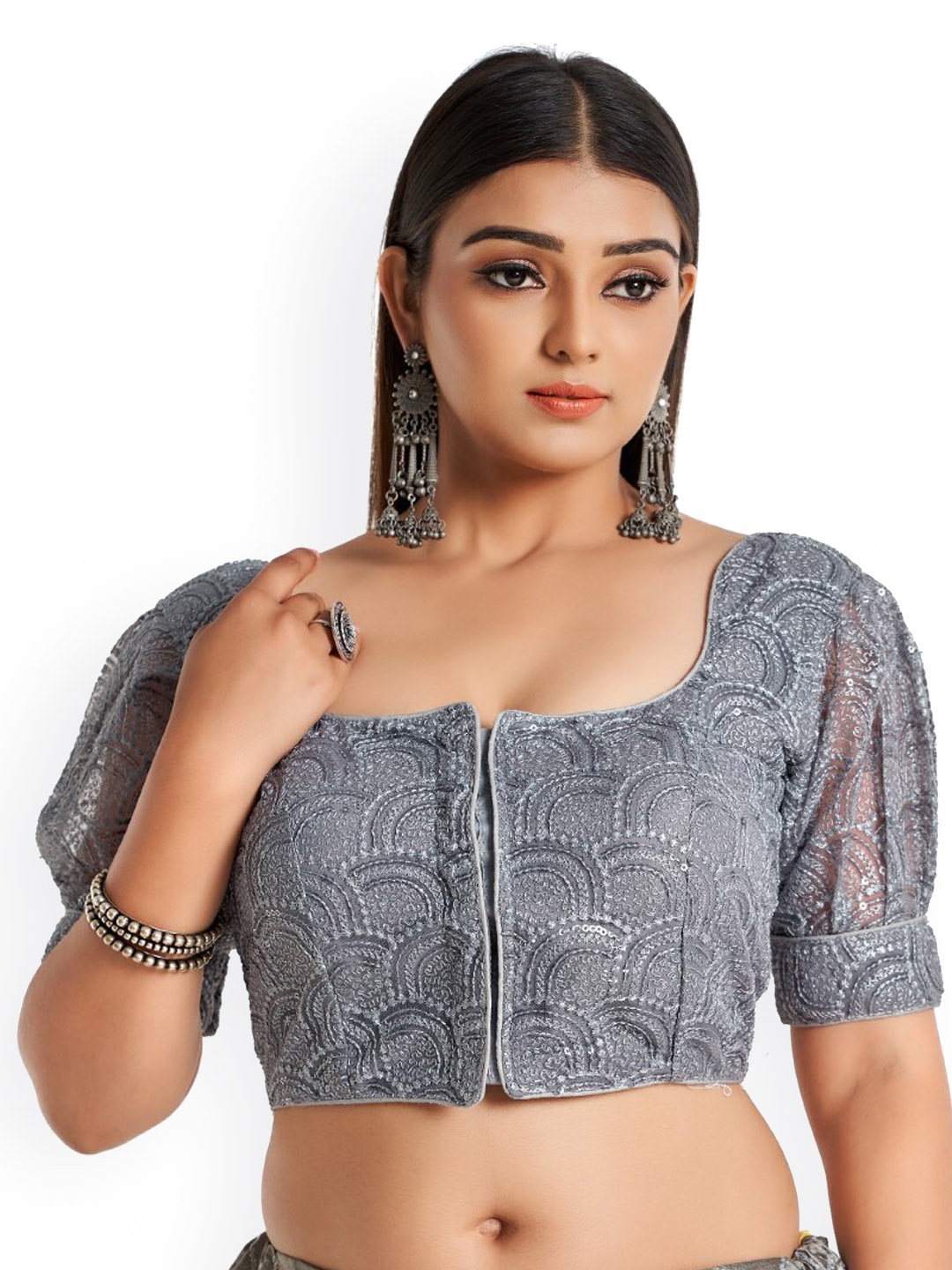 

HIMRISE Embriodered Cotton Saree Blouse, Grey