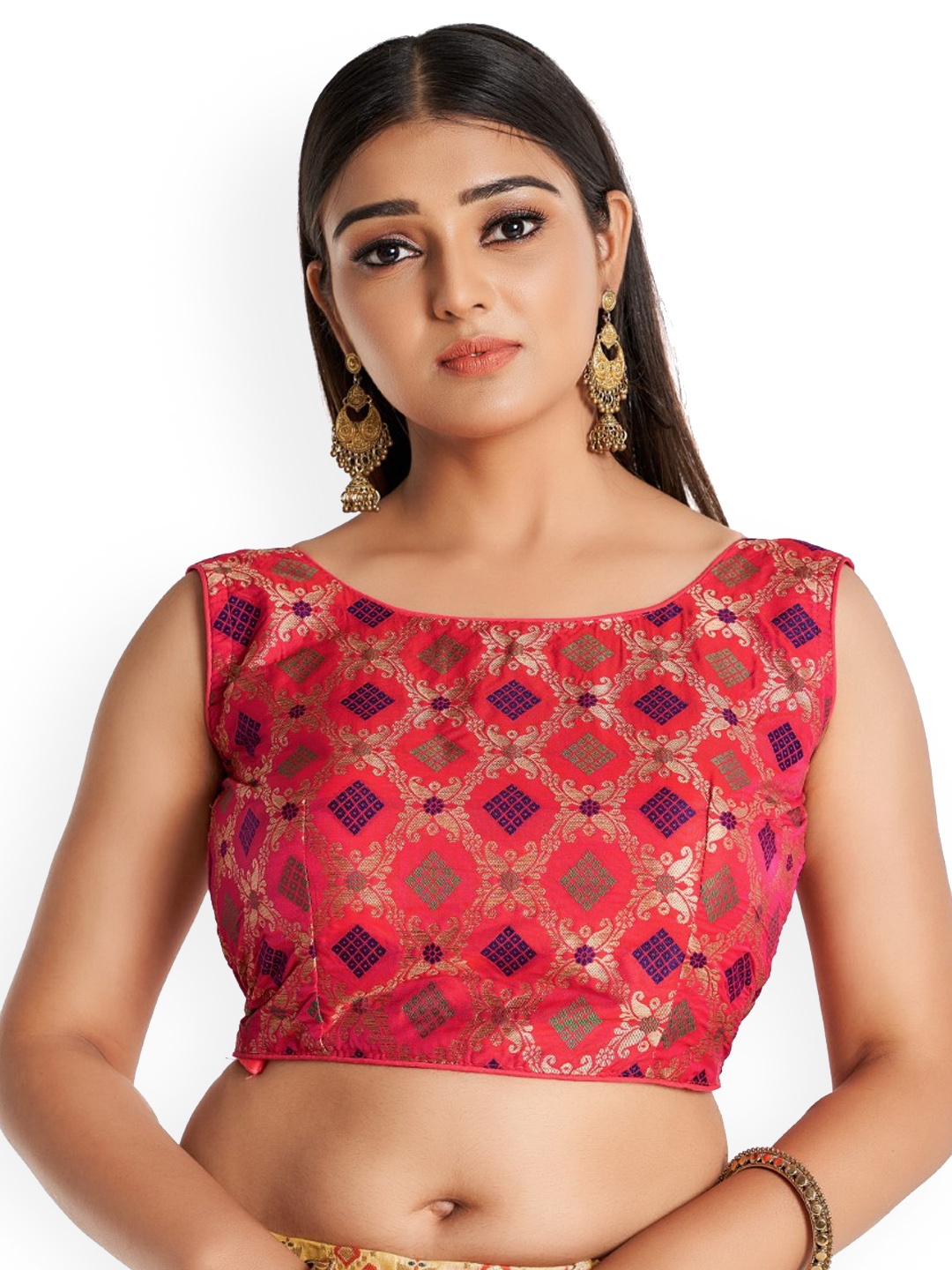 

HIMRISE Woven-Design Cotton Saree Blouse, Red