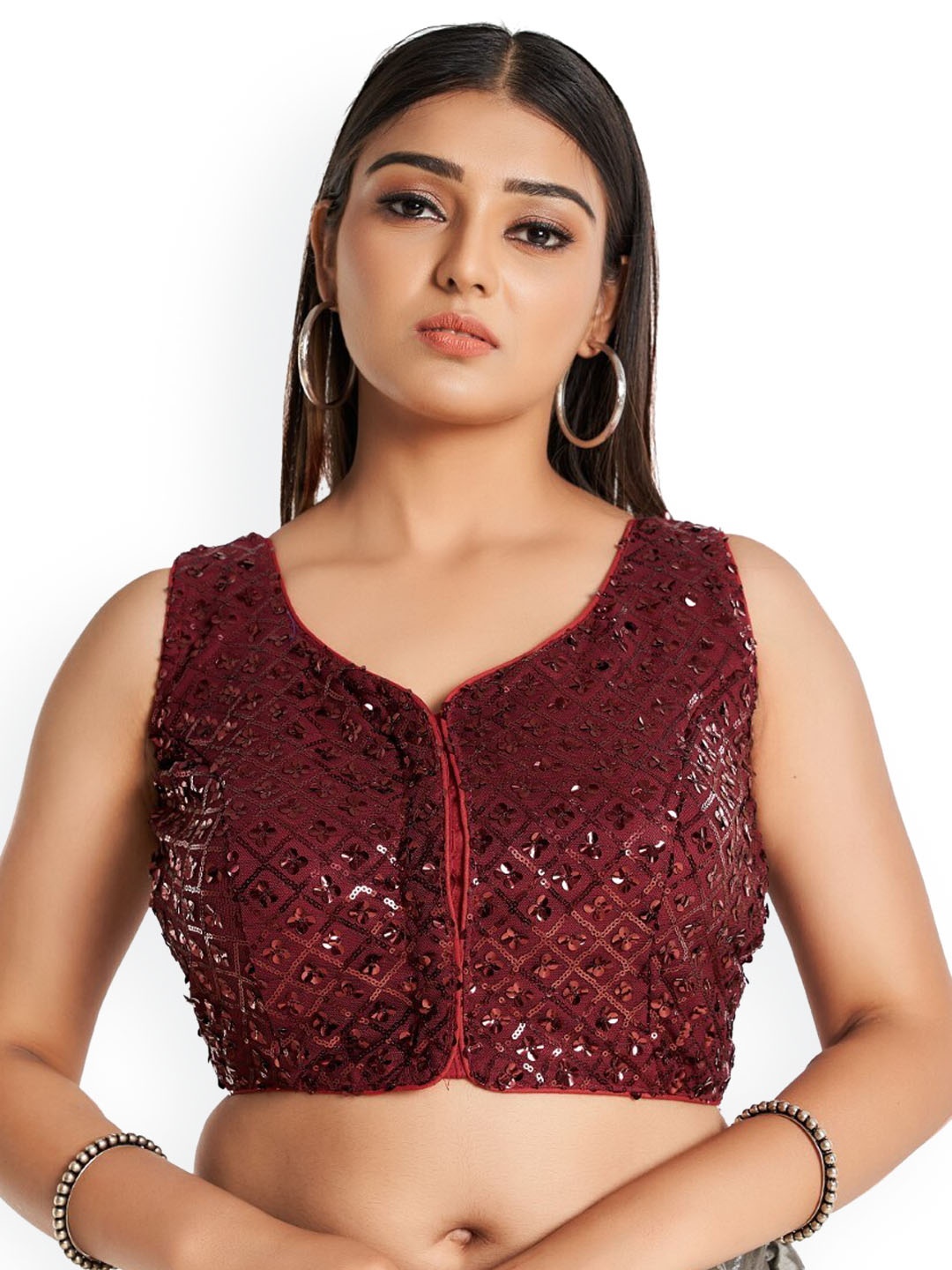 

HIMRISE Embellished Sequinned Sleeveless Cotton Saree Blouse, Maroon