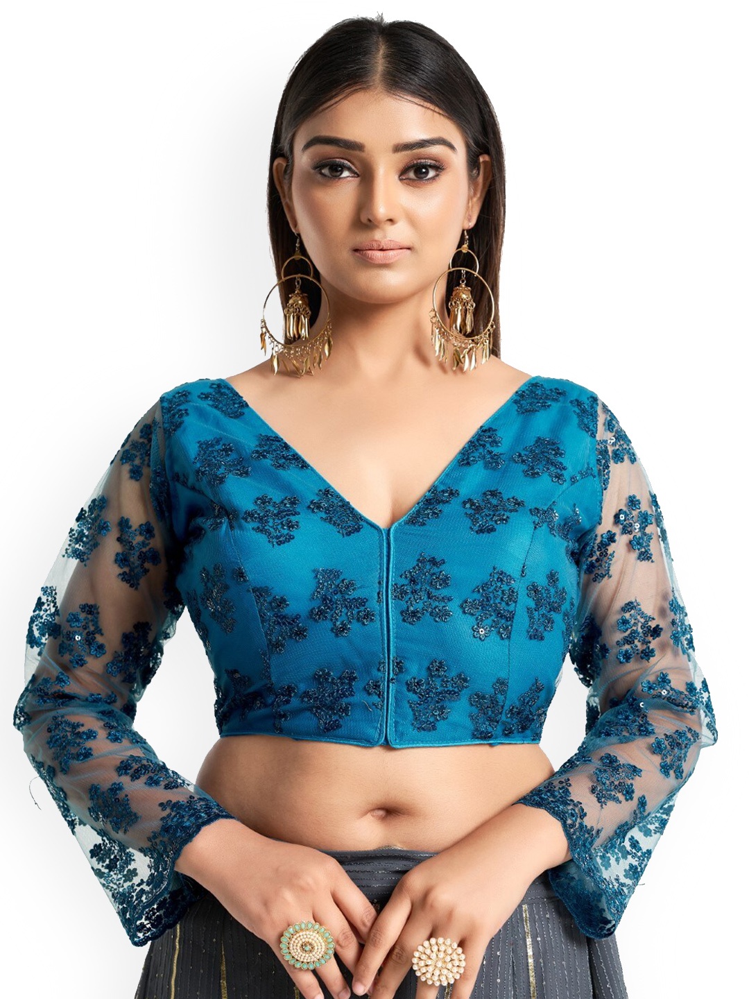 

HIMRISE Embroidered Sequinned Cotton Saree Blouse, Blue