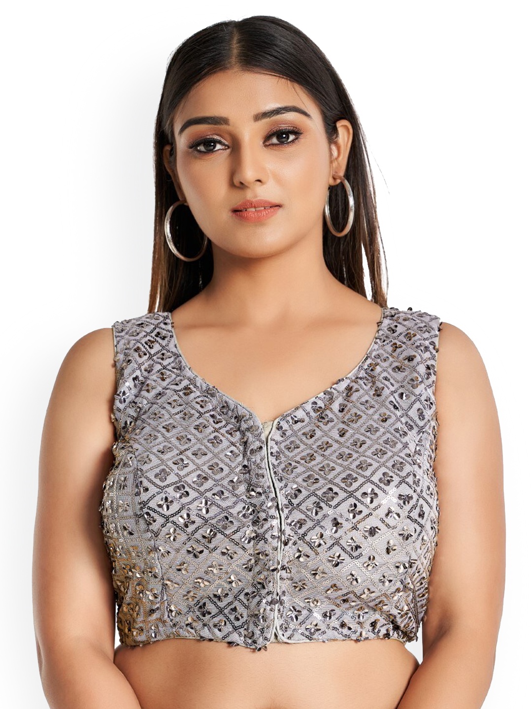 

HIMRISE Embellished Sequinned Cotton Saree Blouse, Grey