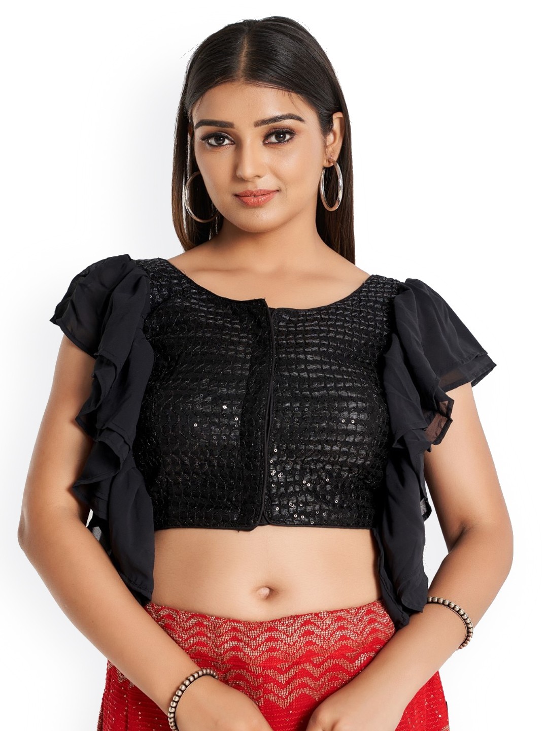 

HIMRISE Embroidered Cotton Round Neck Ruffled Saree Blouse, Black