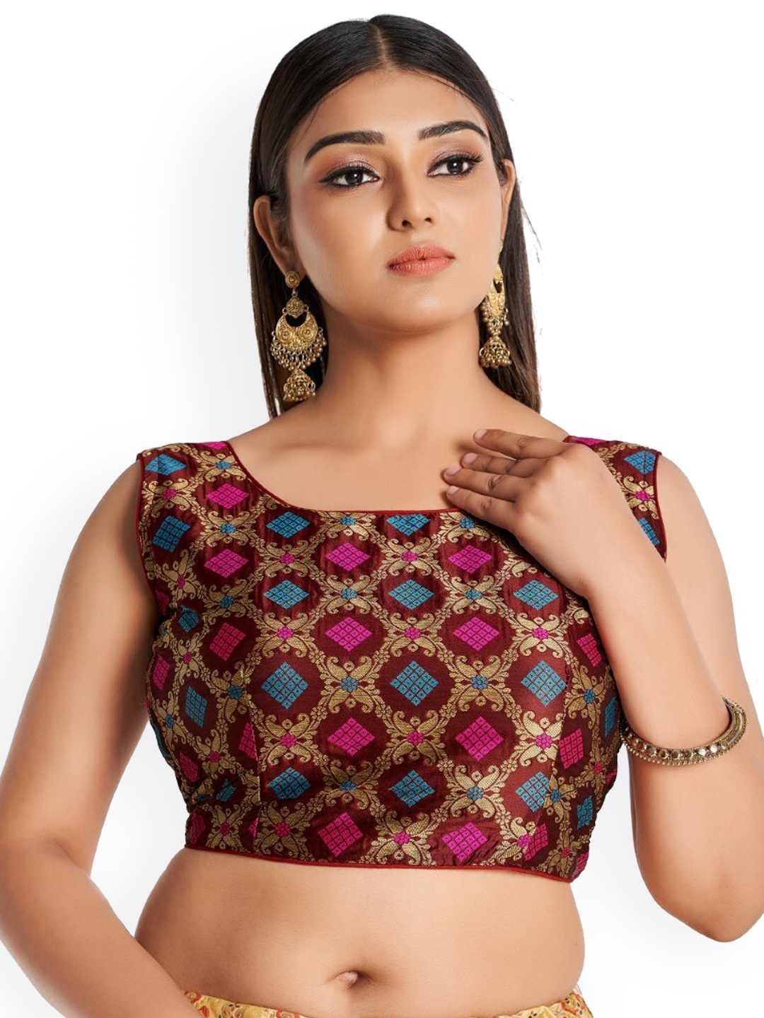 

HIMRISE Woven Design Silk Sleeveless Saree Blouse, Maroon