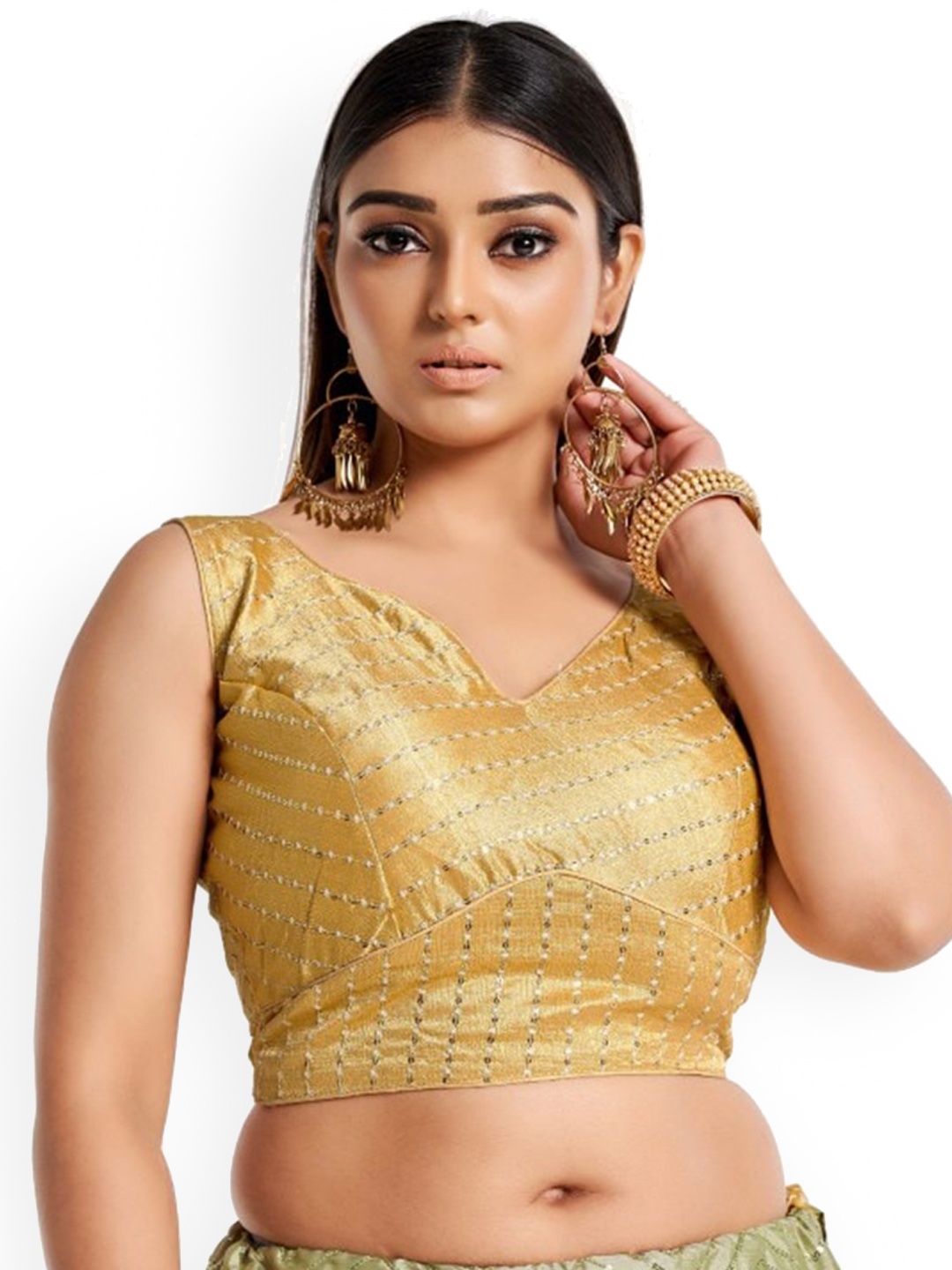 

HIMRISE Women Embroidered V-Neck Sleeveless Cotton Saree Blouse, Gold