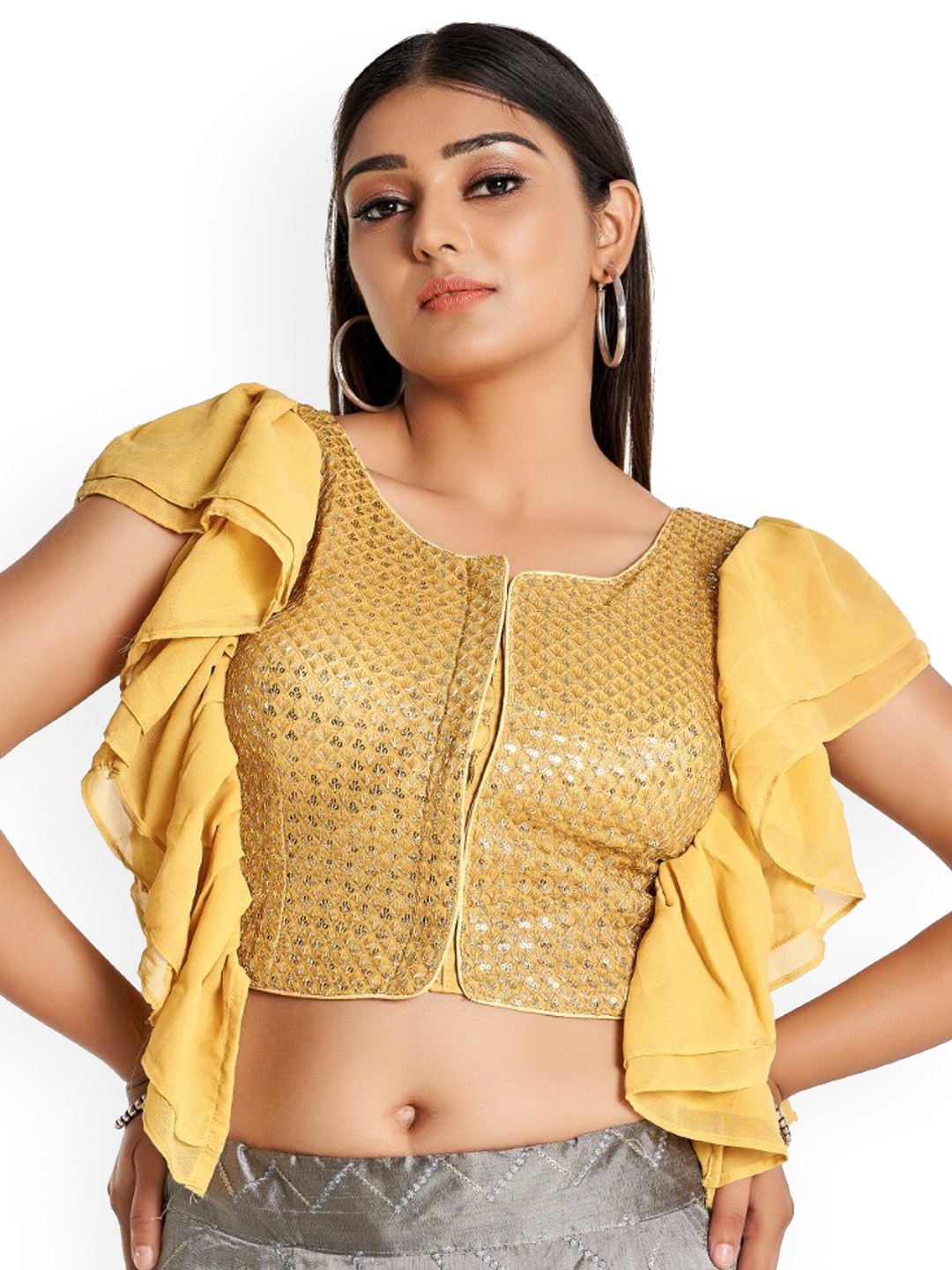 

HIMRISE Embroidered Cotton Sleeveless Saree Blouse, Gold