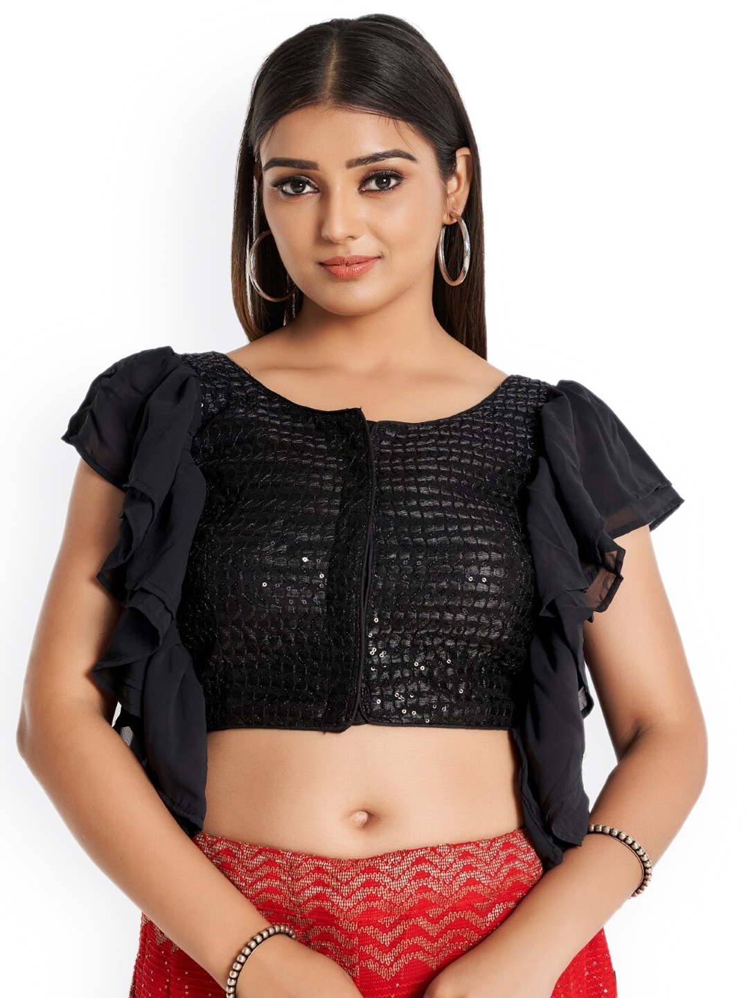 

HIMRISE Plus Size Embroidered Cotton Saree Blouse, Black