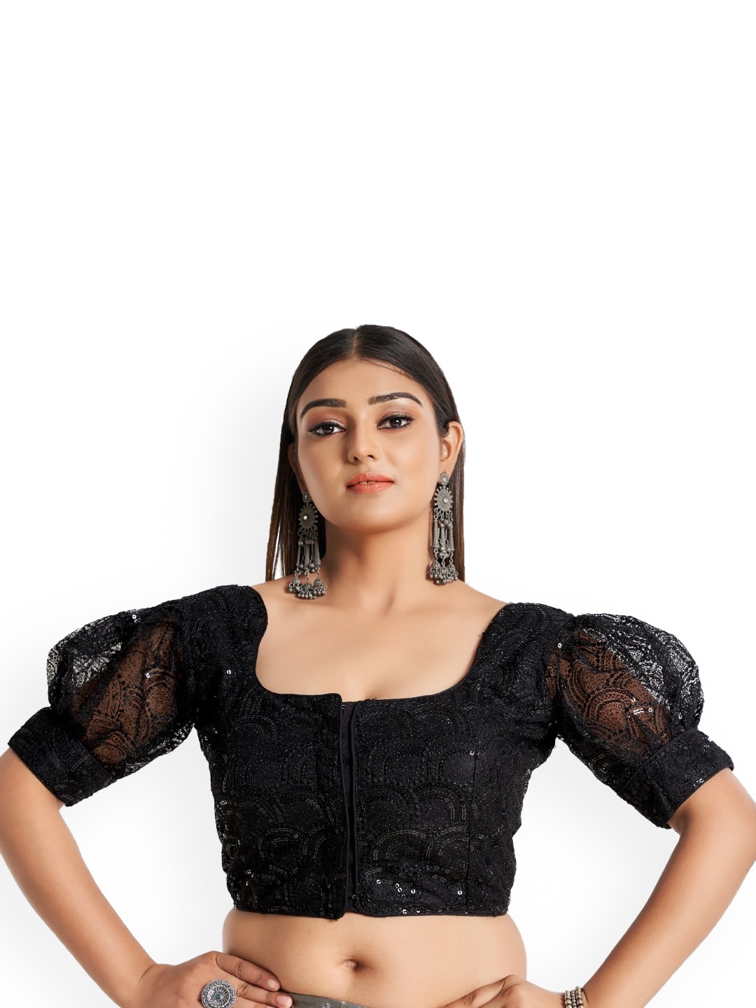 

HIMRISE Plus Size Embroidered Cotton Saree Blouse, Black