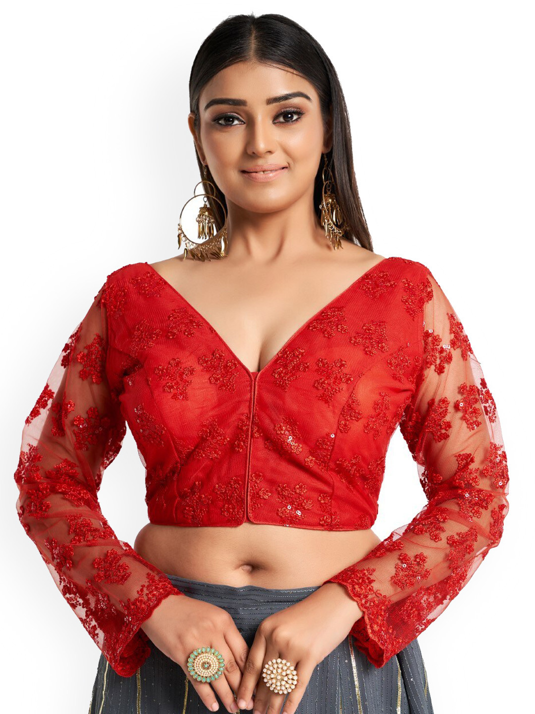 

HIMRISE Plus Size V-Neck Long Sleeve Cotton Saree Blouse, Red