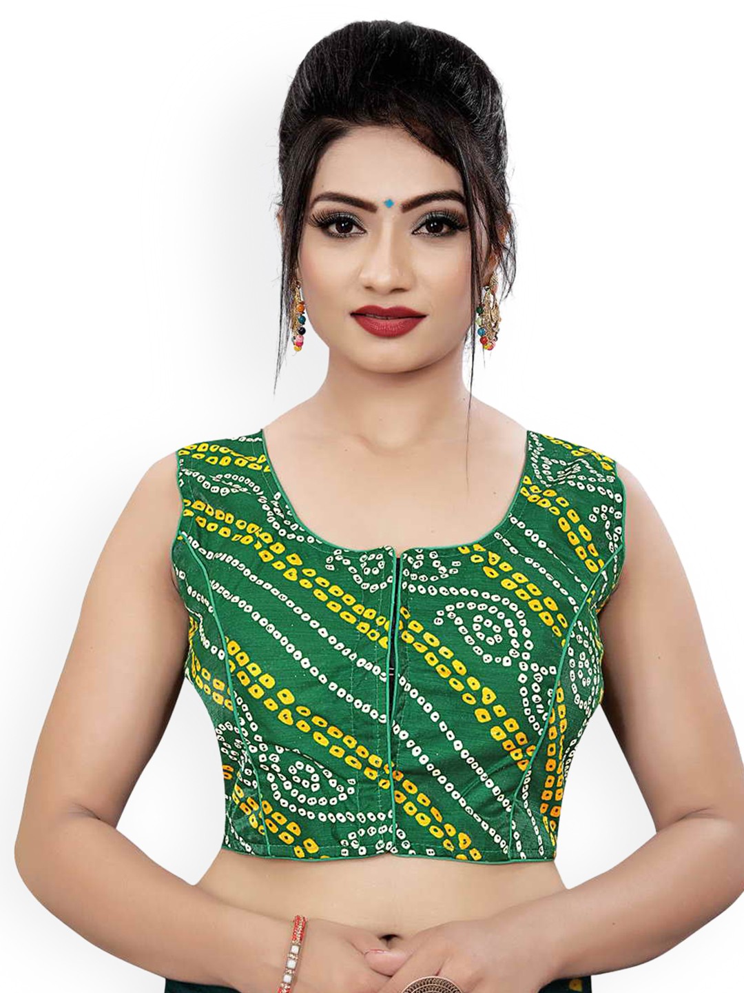 

HIMRISE Plus Size Bandhani Printed Cotton Saree Blouse, Green