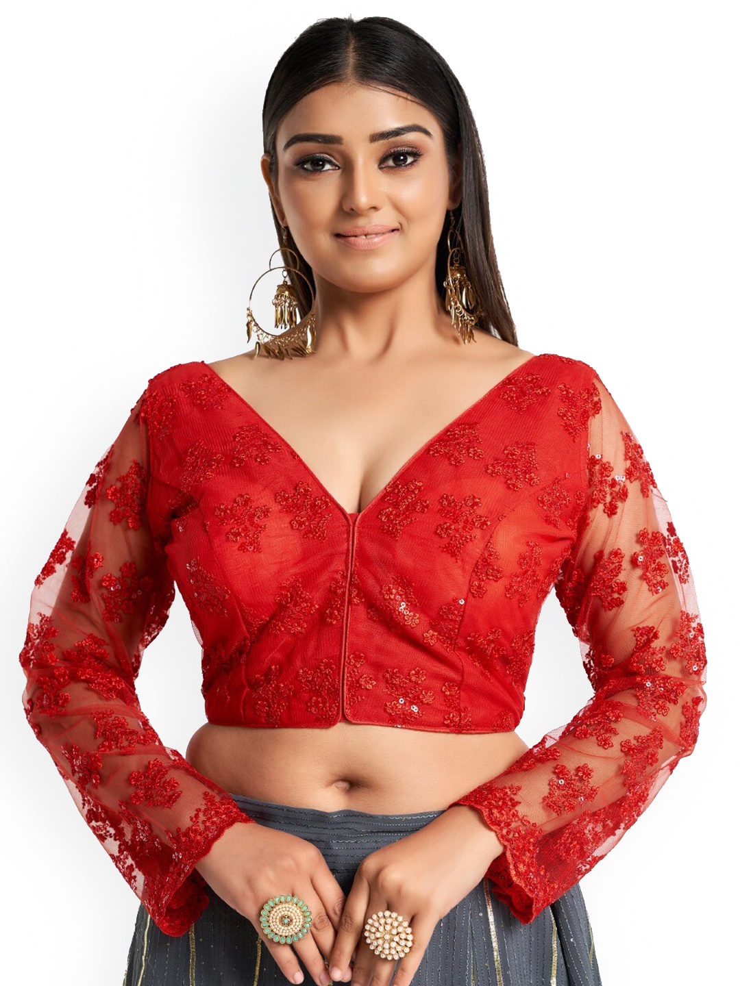 

HIMRISE Plus Size Embroidered Cotton Saree Blouse, Red