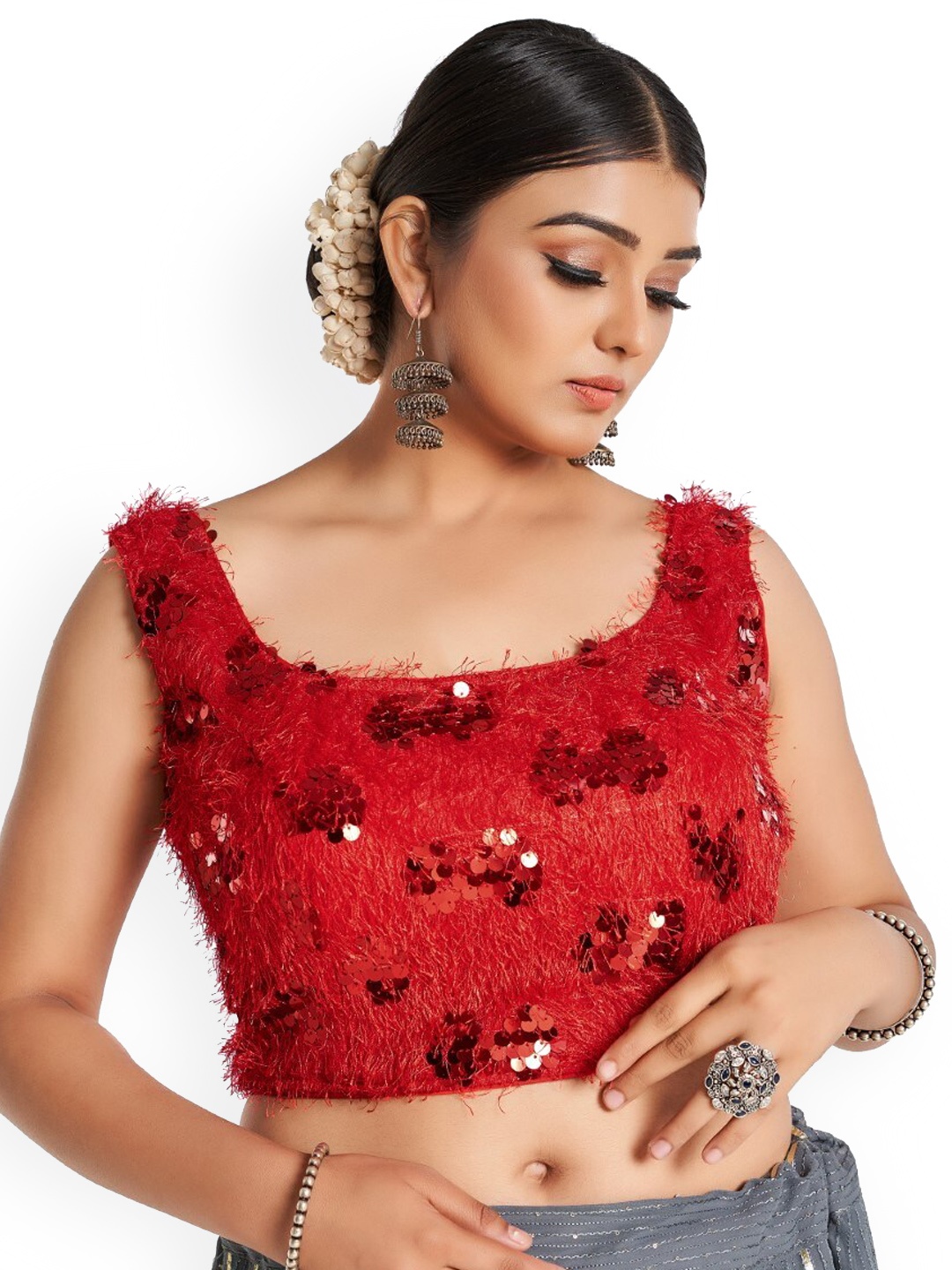 

HIMRISE Embellished Cotton Saree Blouse, Red