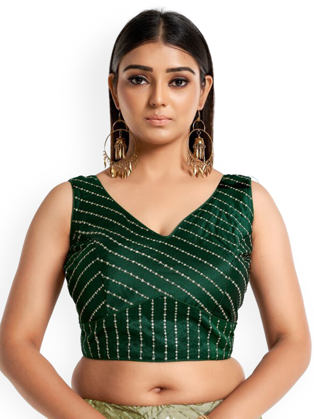 

HIMRISE Plus Size Embroidered Cotton V-neck Saree Blouse, Green