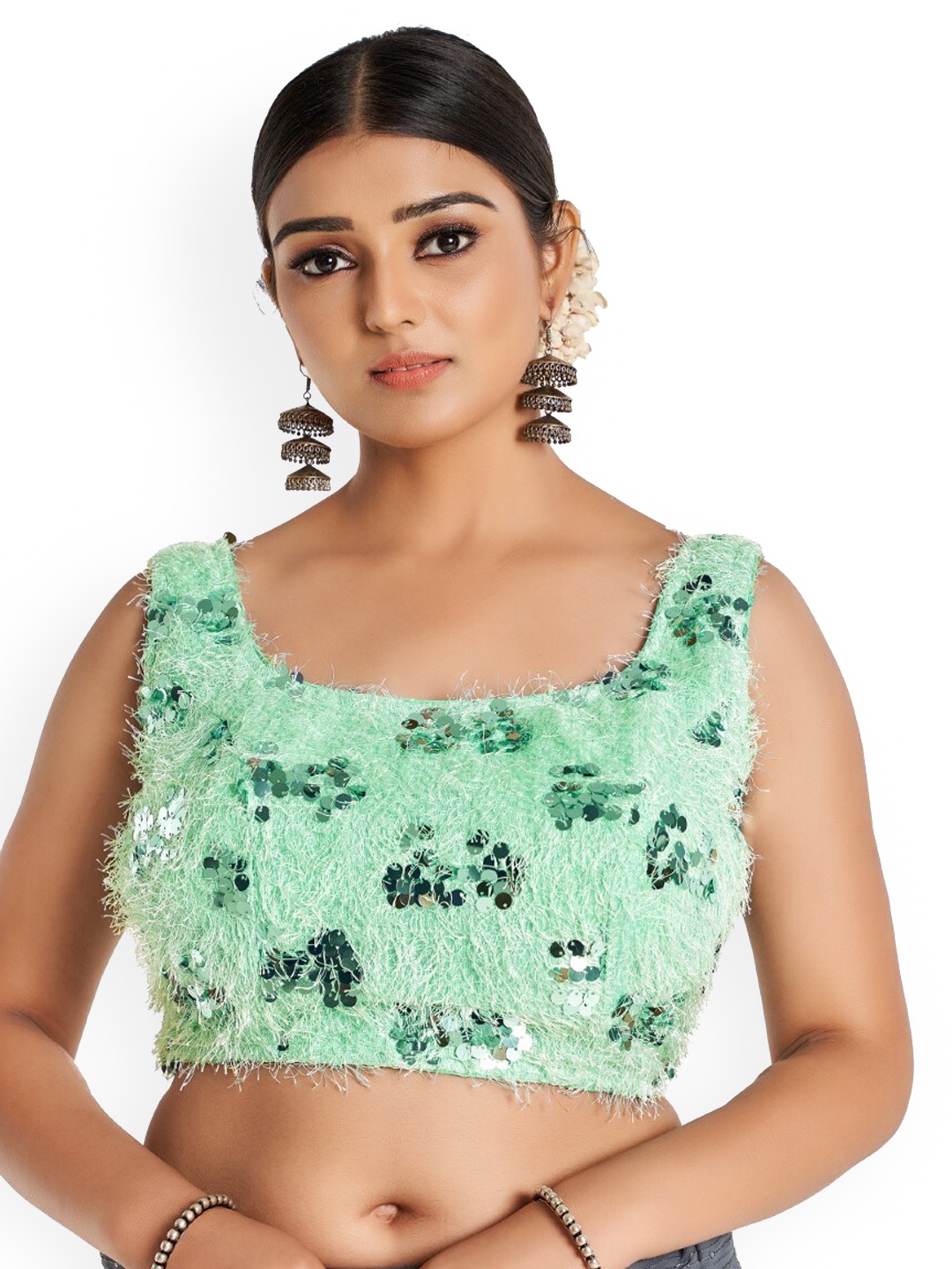 

HIMRISE Self Design U-Neck Sleeveless Saree Blouse, Green