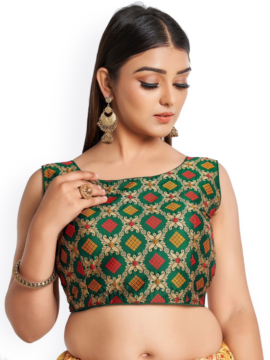 

HIMRISE Woven-Design Cotton Saree Blouse, Green