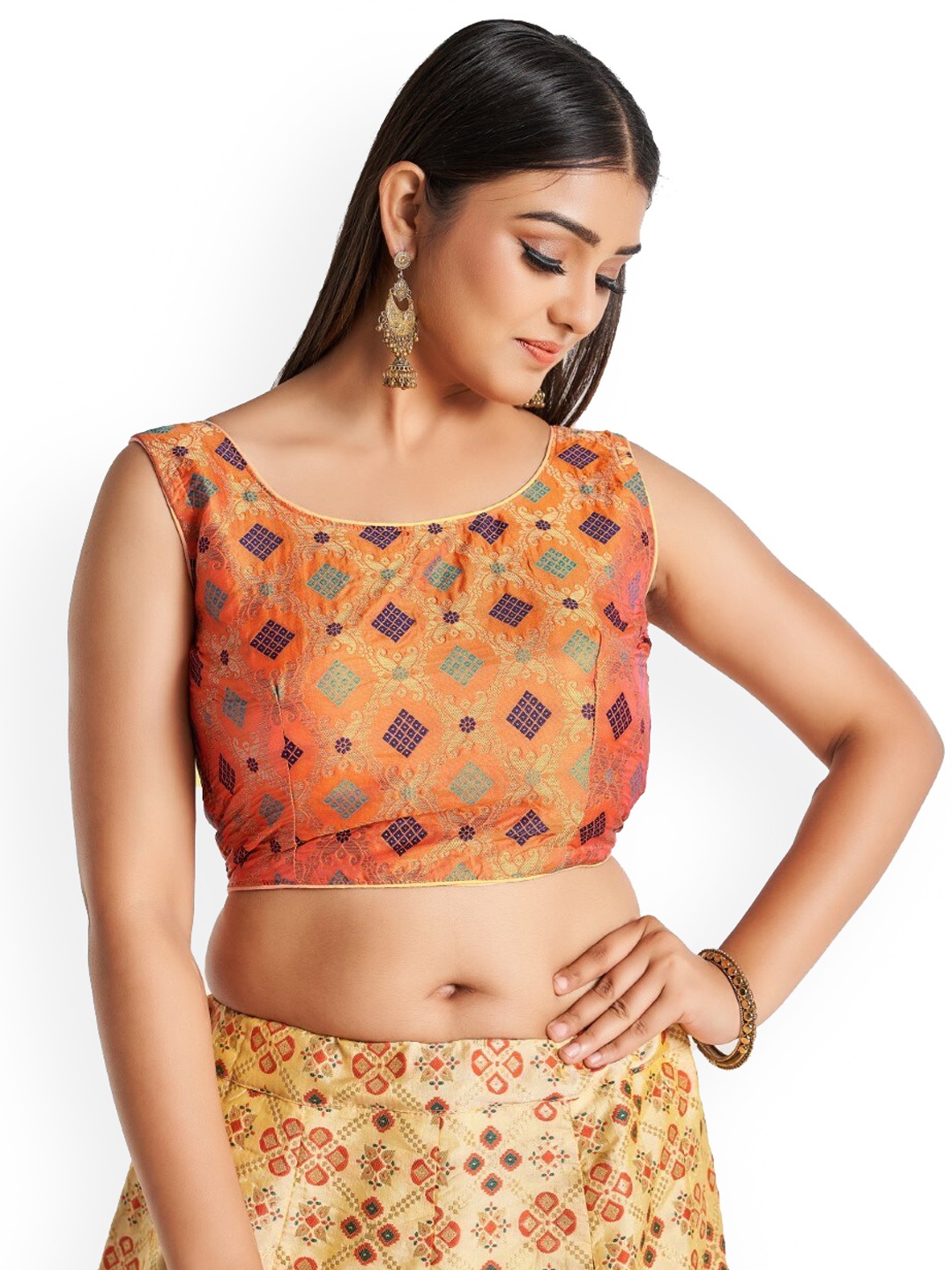 

HIMRISE Woven Design Cotton Saree Blouse, Orange