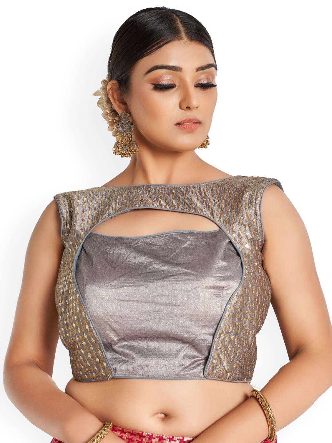 

HIMRISE Embelllished Cotton Saree Blouse, Grey